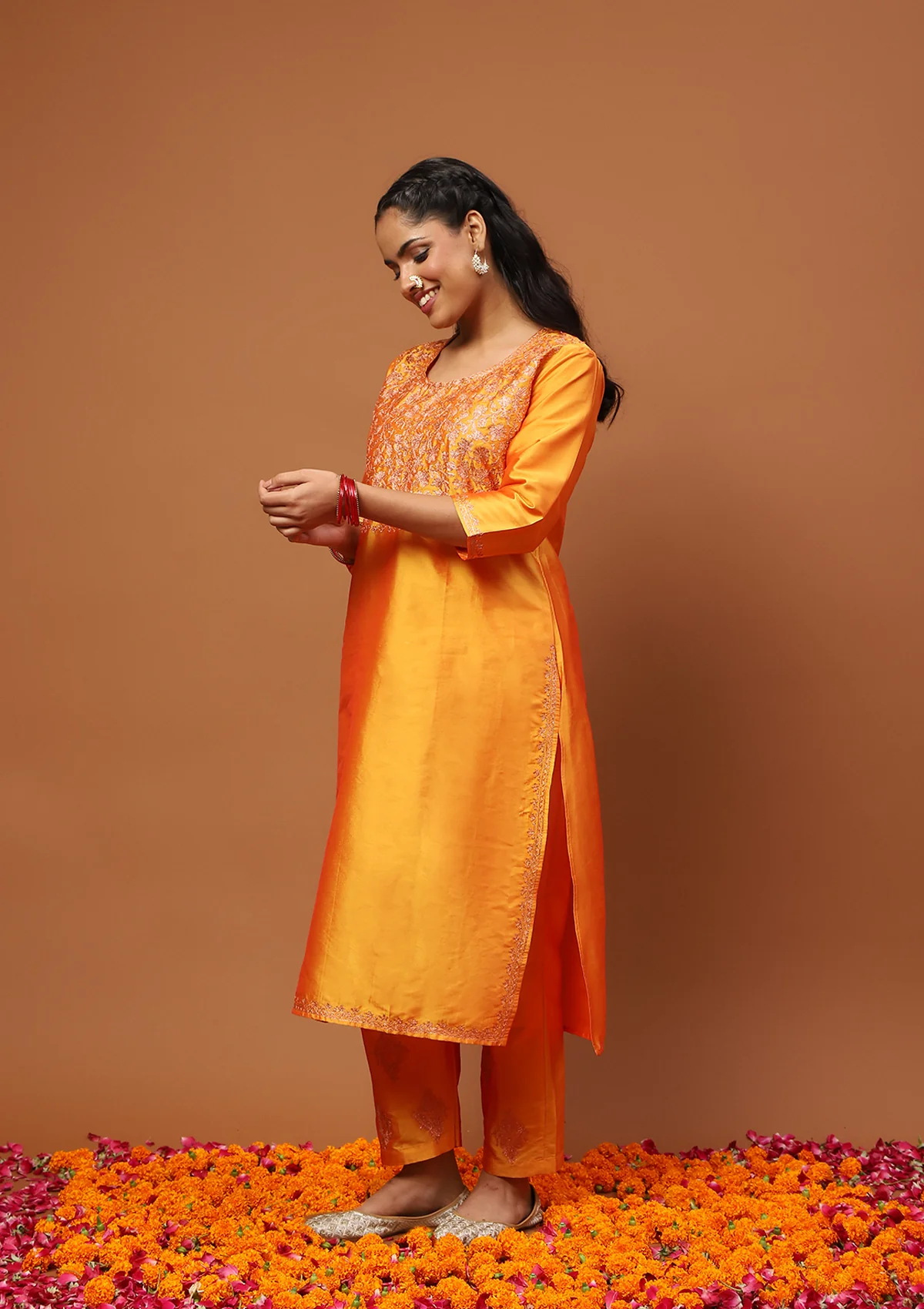 HOC Art Silk Embroidered Zari Work Solid Women's 2 PC Long Kurta Set - Mustard Yellow - Image 3