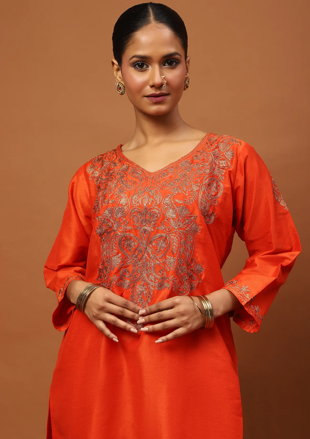 HOC Art Silk Embroidered Zari Solid Women's 2 PC Knee Kurta Set - Orange - Image 4