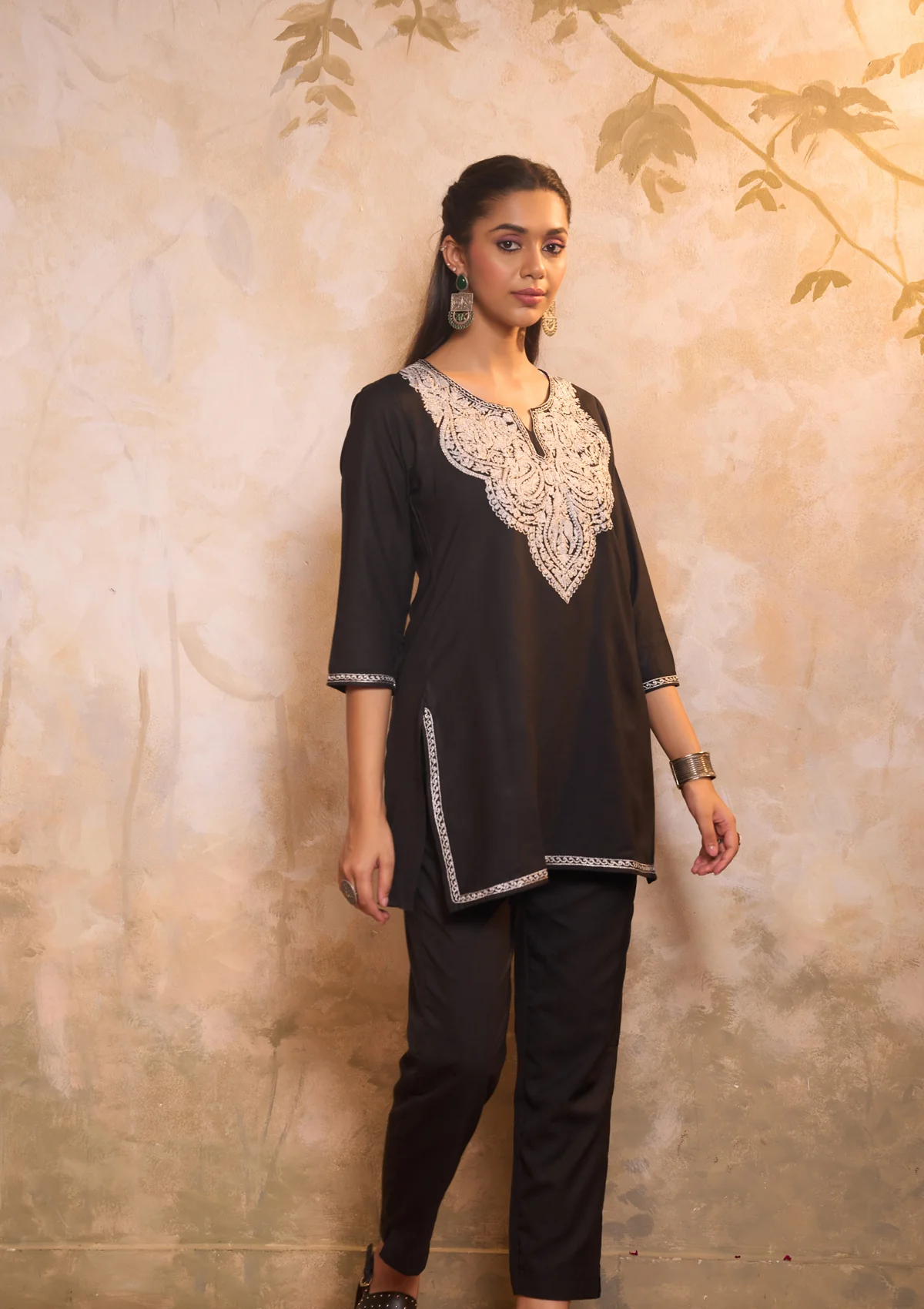 HOC Cotton Embroidered Zari Work Solid Women's 2 PC Co-ords-Set - Black - Image 3