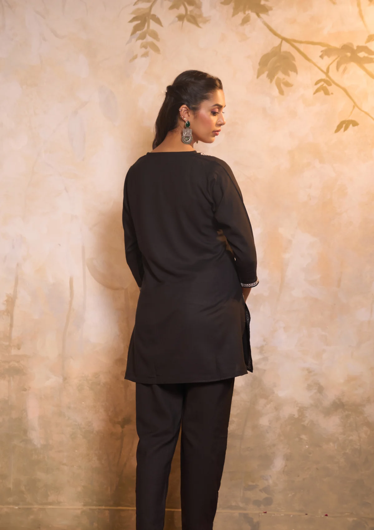 HOC Cotton Embroidered Zari Work Solid Women's 2 PC Co-ords-Set - Black - Image 5