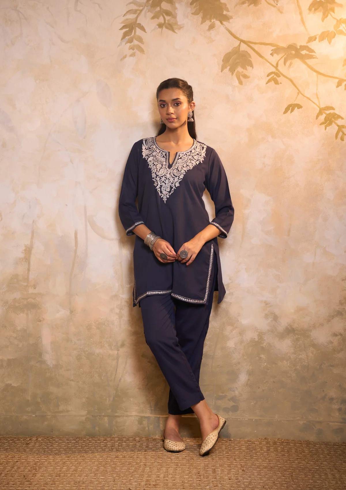 HOC Cotton Embroidered Zari Work Solid Women's 2 PC Co-ords-Set - Navy Blue