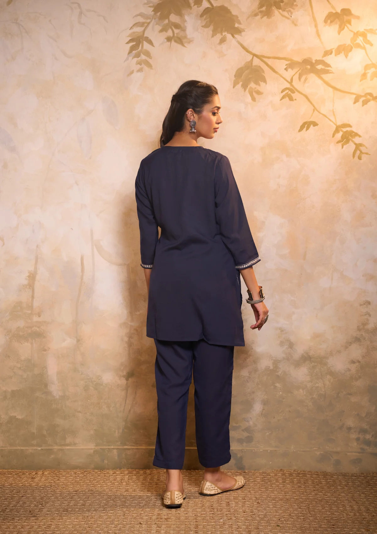 HOC Cotton Embroidered Zari Work Solid Women's 2 PC Co-ords-Set - Navy Blue - Image 5