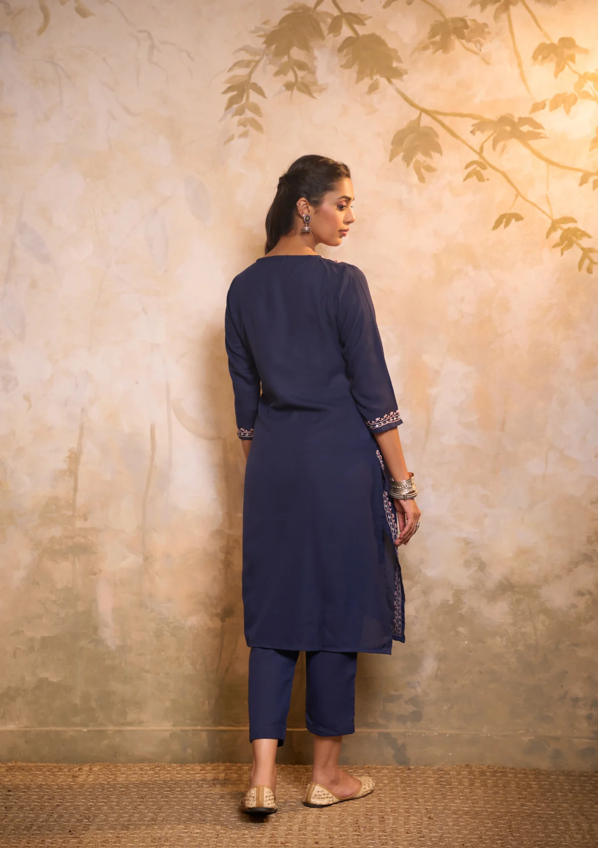 HOC Cotton Embroidered Aari With Zari Work Solid Women's 2 PC Long Kurta Set - Navy Blue - Image 6