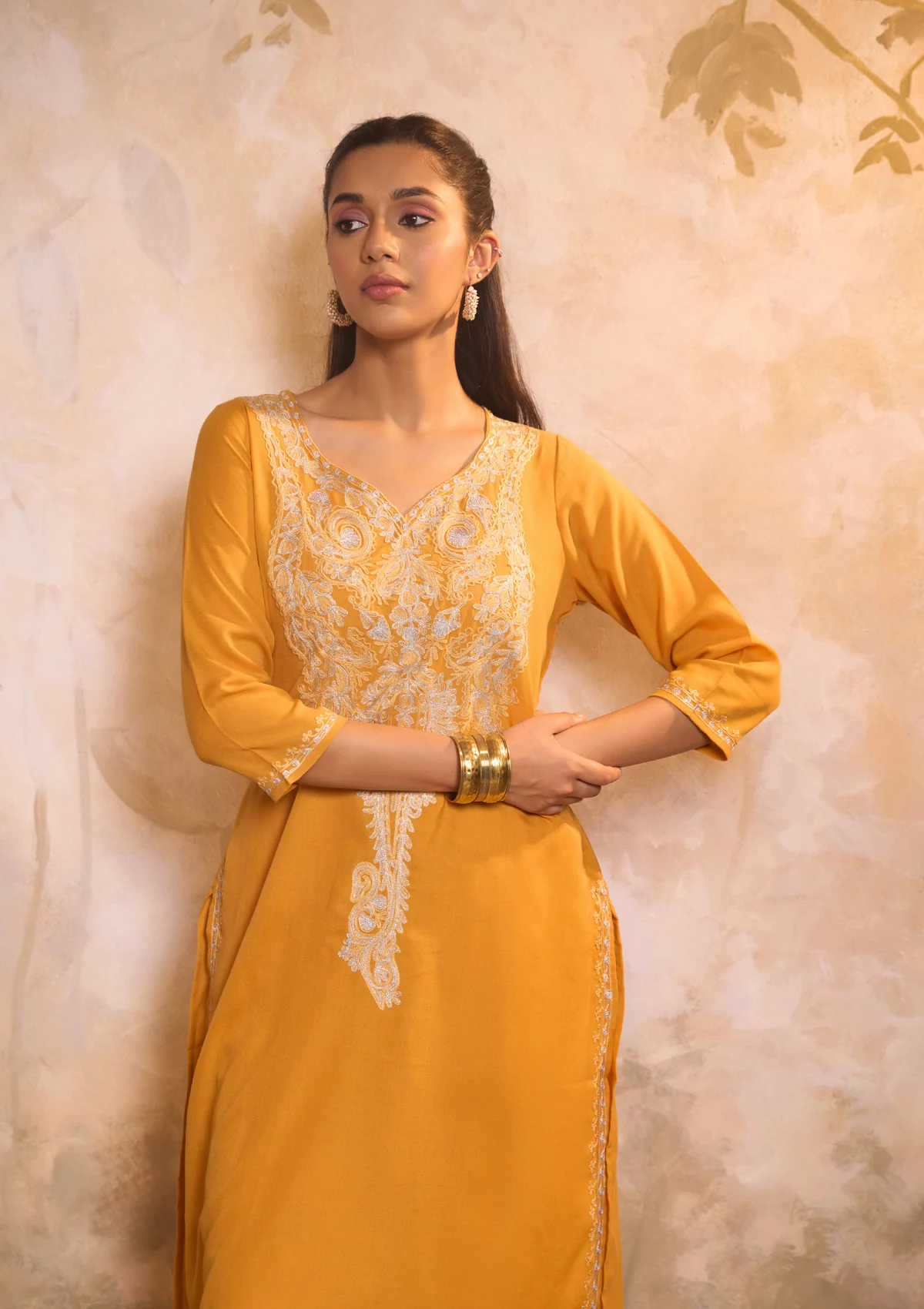 HOC Cotton Embroidered Aari With Zari Work Solid Women's 2 PC Long Kurta Set - Yellow - Image 2