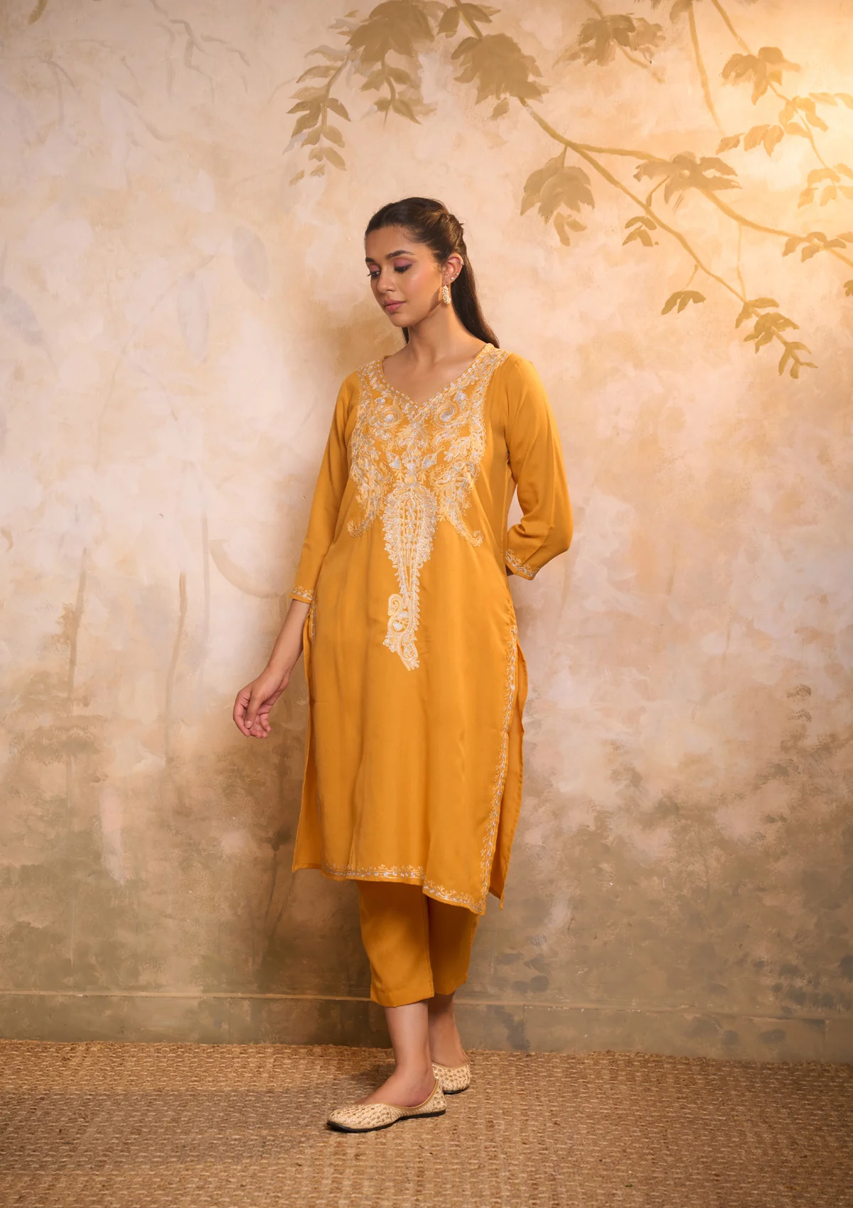 HOC Cotton Embroidered Aari With Zari Work Solid Women's 2 PC Long Kurta Set - Yellow - Image 4