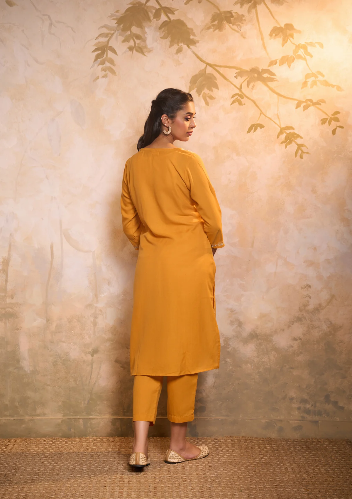 HOC Cotton Embroidered Aari With Zari Work Solid Women's 2 PC Long Kurta Set - Yellow - Image 5
