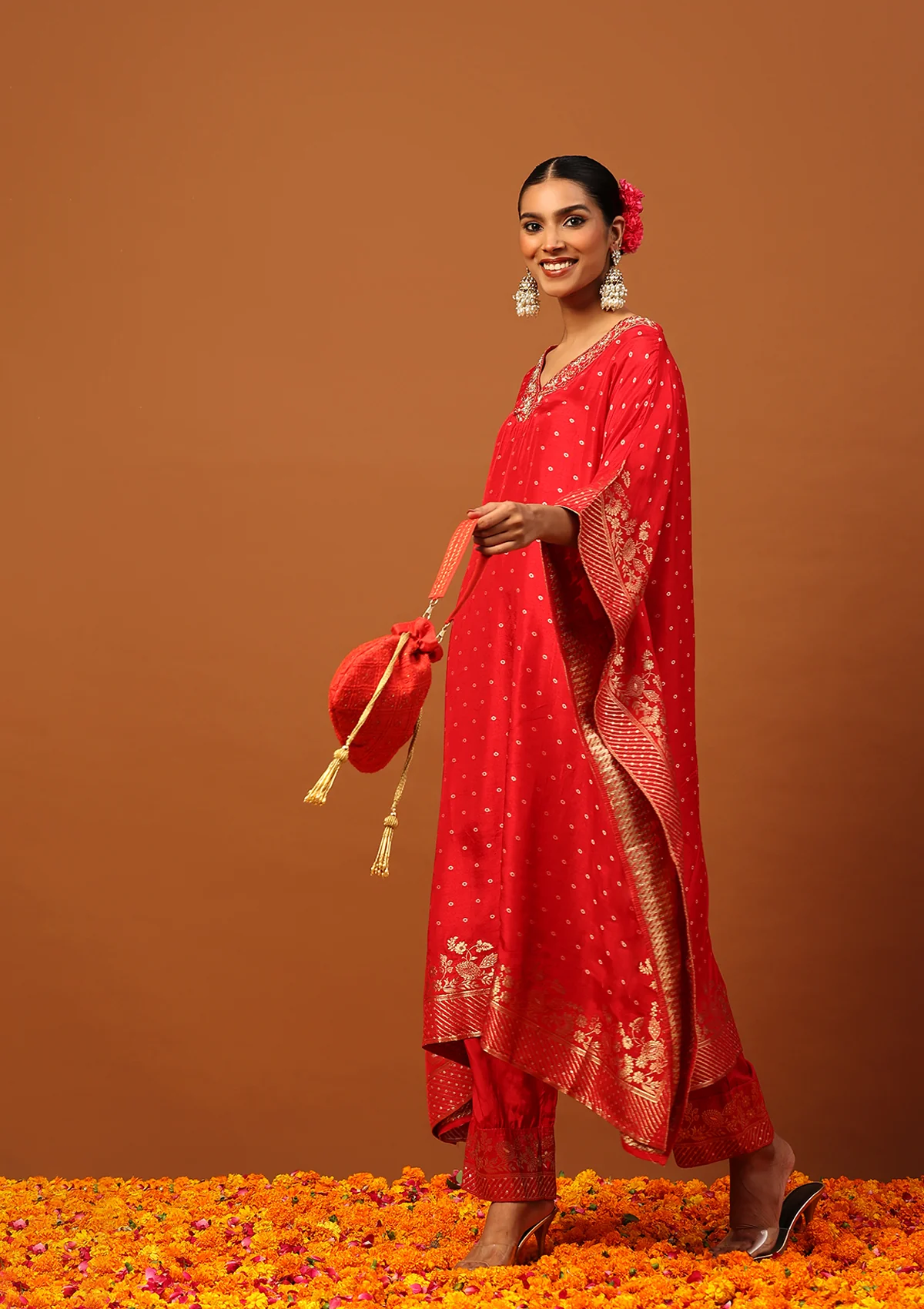 HOC Jacquard Silk Hand Embellished With Zari Women's Kaftan Set With Inner - Red - Image 4