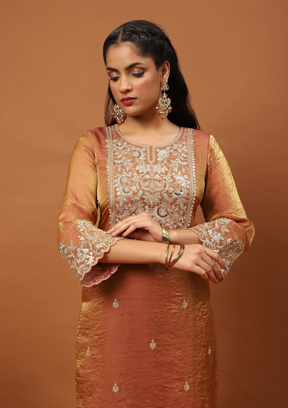 HOC Satin Tissue Silk Zardozi with Sequins Solid Women’s 3 PC Straight Kurta Set - Copper - Image 3