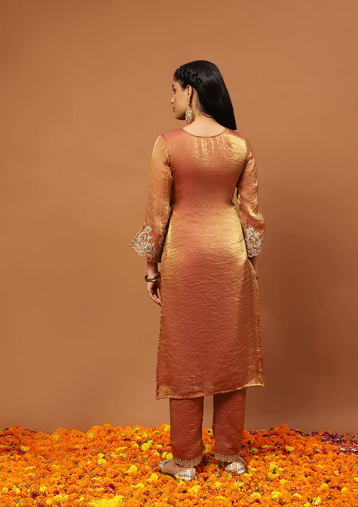 HOC Satin Tissue Silk Zardozi with Sequins Solid Women’s 3 PC Straight Kurta Set - Copper - Image 5