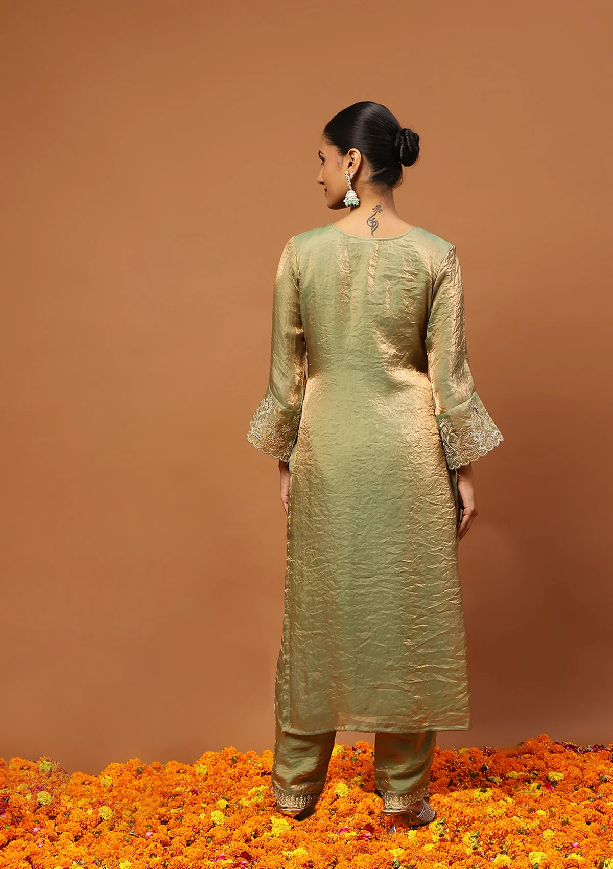 HOC Satin Tissue Silk Zardozi with Sequins Solid Women’s 3 PC Straight Kurta Set - Pista Green - Image 6