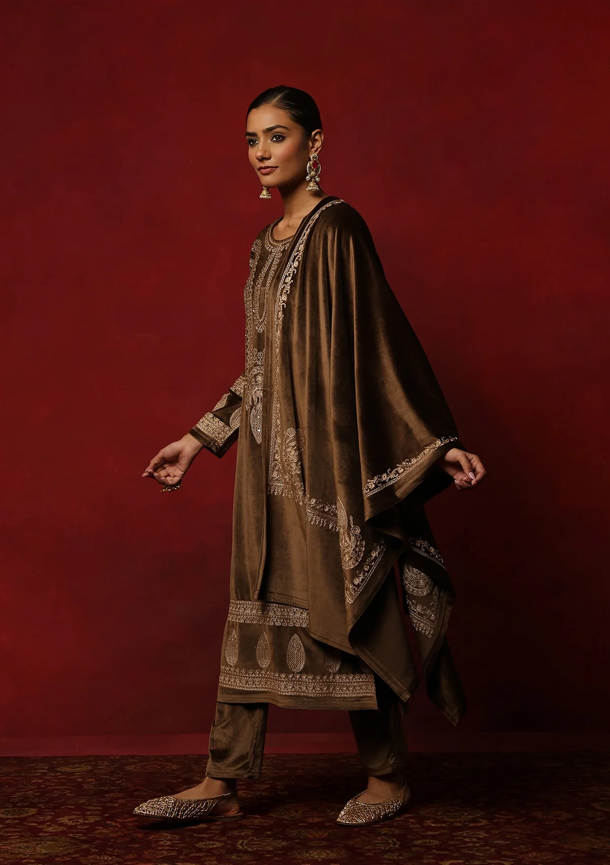 HOC Velvet Embroidered & Embellished Solid Women's 3 PC Kurta Set- Brown - Image 5