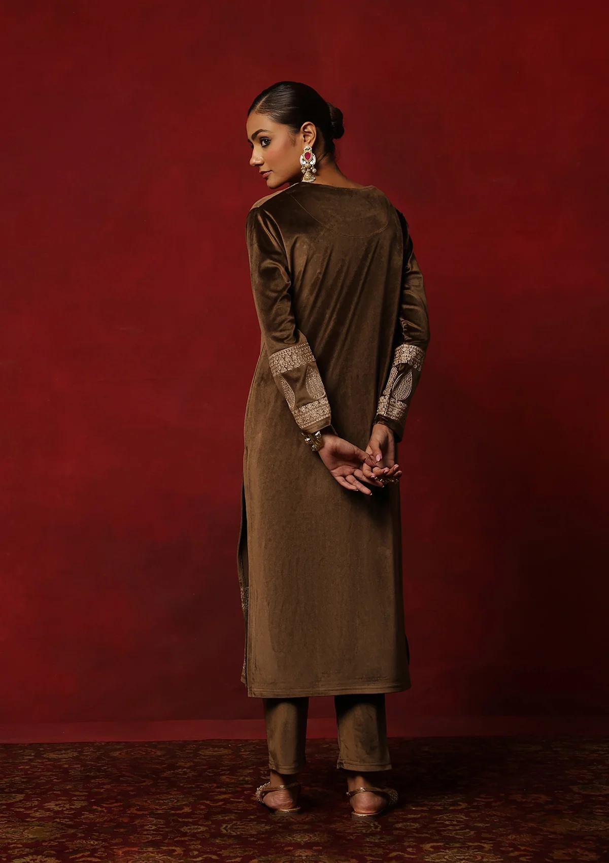 HOC Velvet Embroidered & Embellished Solid Women's 3 PC Kurta Set- Brown - Image 7
