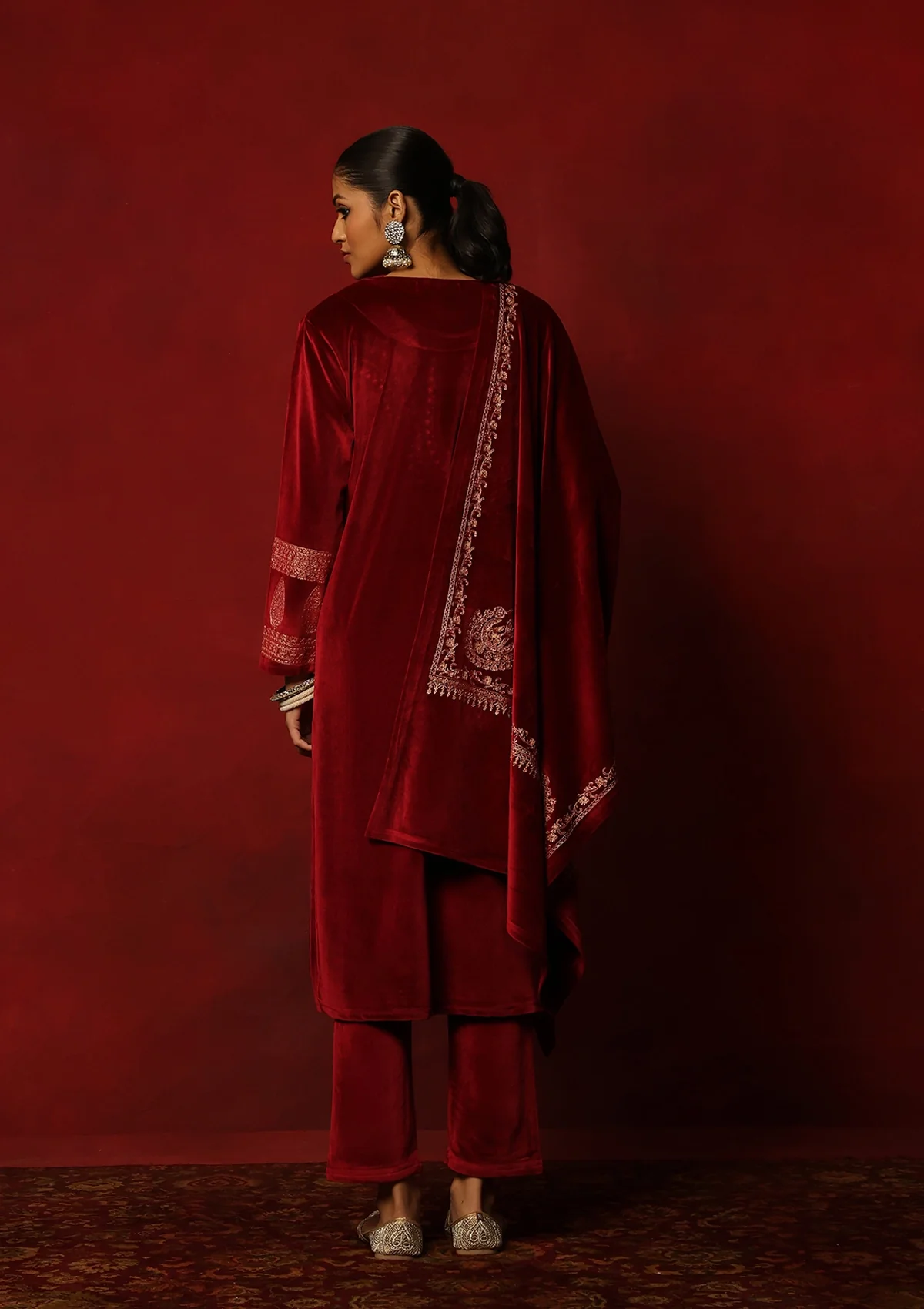 HOC Velvet Embroidered & Embellished Solid Women's 3 PC Kurta Set- Maroon - Image 7
