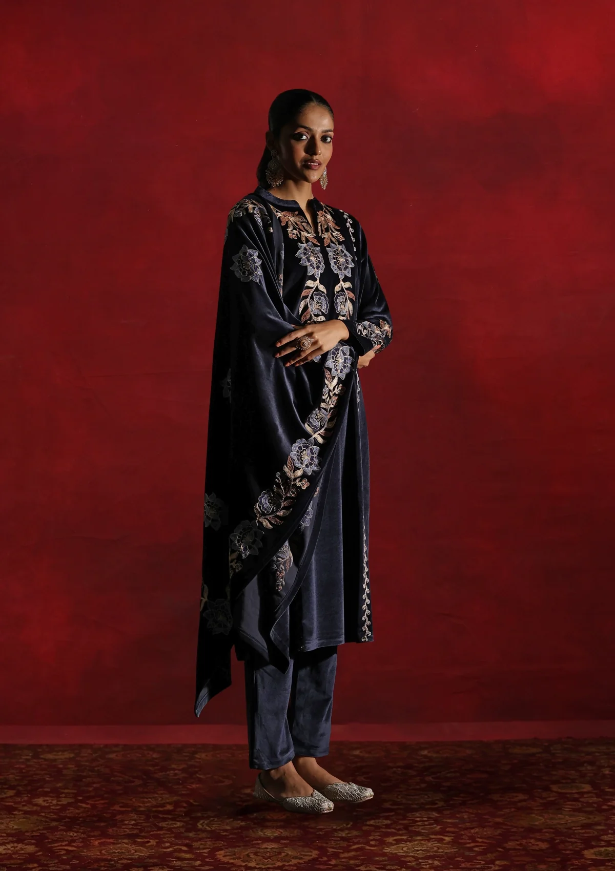 HOC Velvet Embroidered & Embellished Solid Women's 3 PC Kurta Set- Navy Blue - Image 3