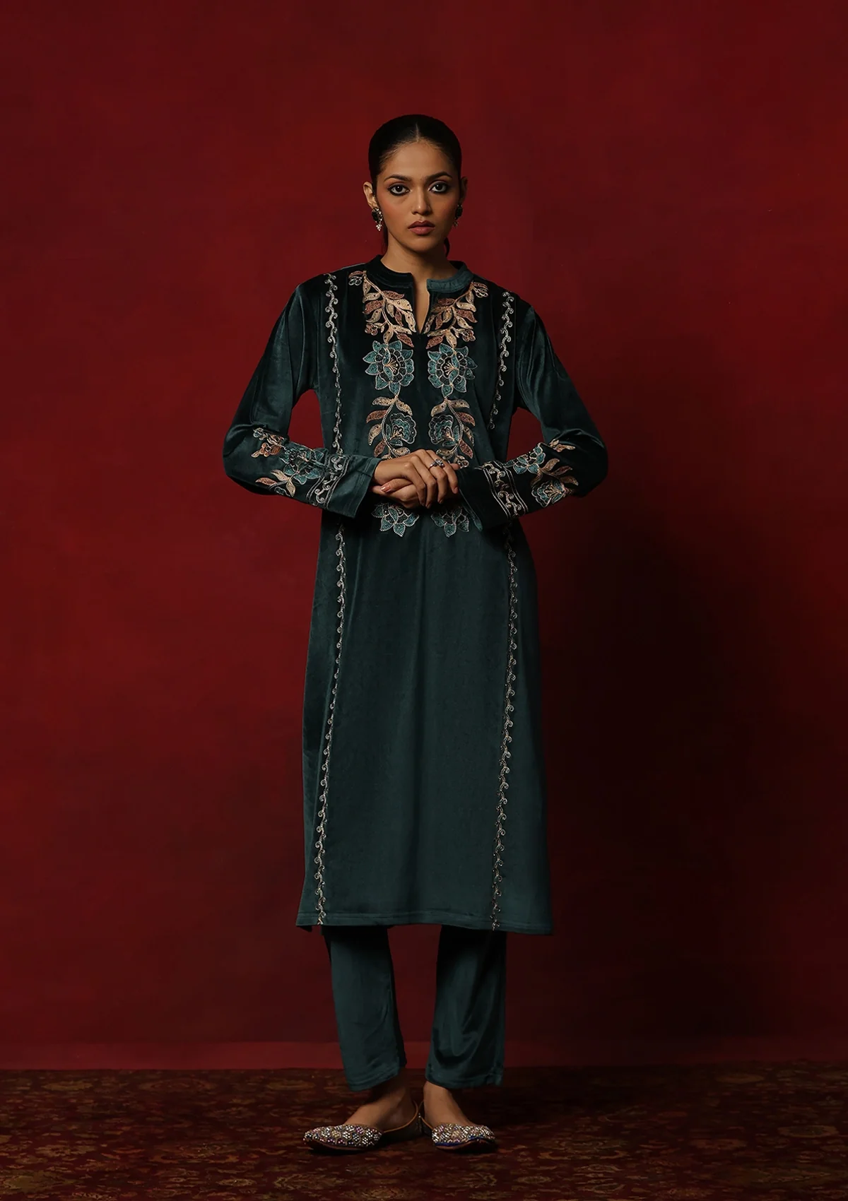 HOC Velvet Embroidered & Embellished Solid Women's 3 PC Kurta Set- Teal Green - Image 3
