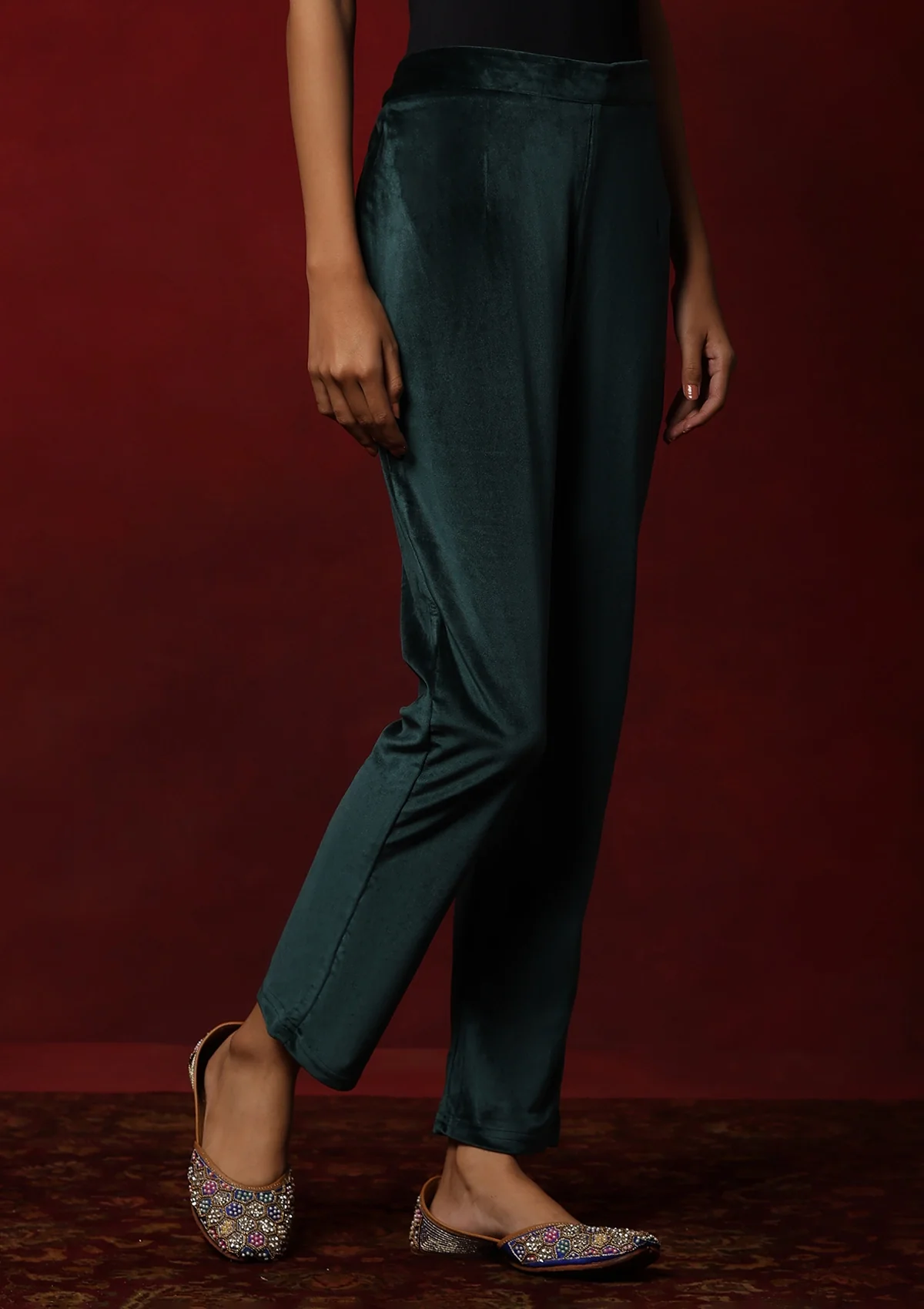 HOC Velvet Embroidered & Embellished Solid Women's 3 PC Kurta Set- Teal Green - Image 6