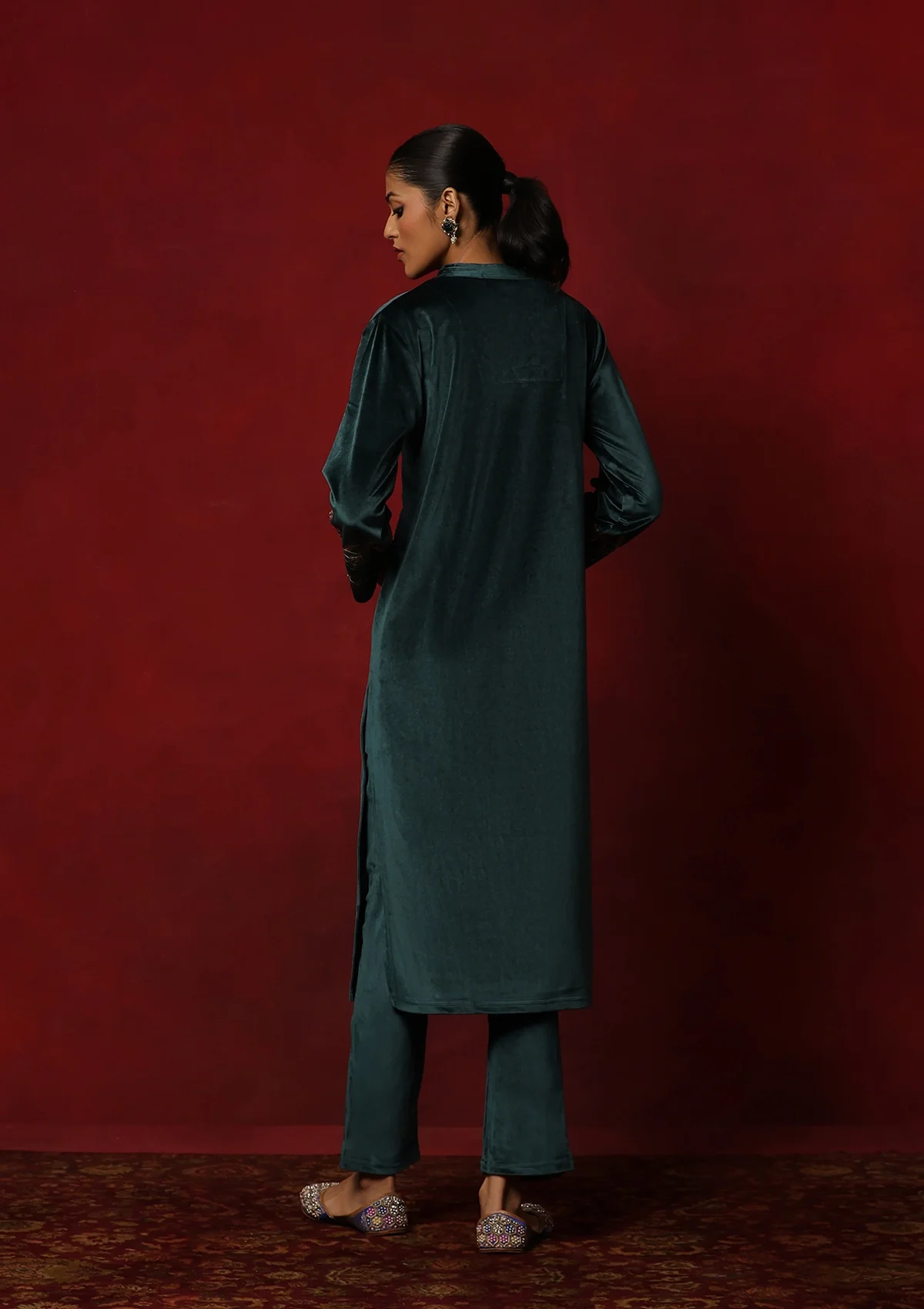 HOC Velvet Embroidered & Embellished Solid Women's 3 PC Kurta Set- Teal Green - Image 7