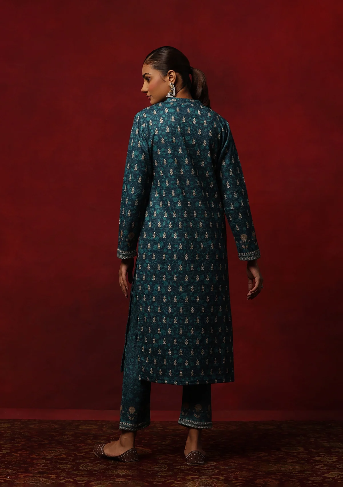 HOC Woollen Hand Embellished Printed Women's 3 PC Kurta Set - Teal Green - Image 7
