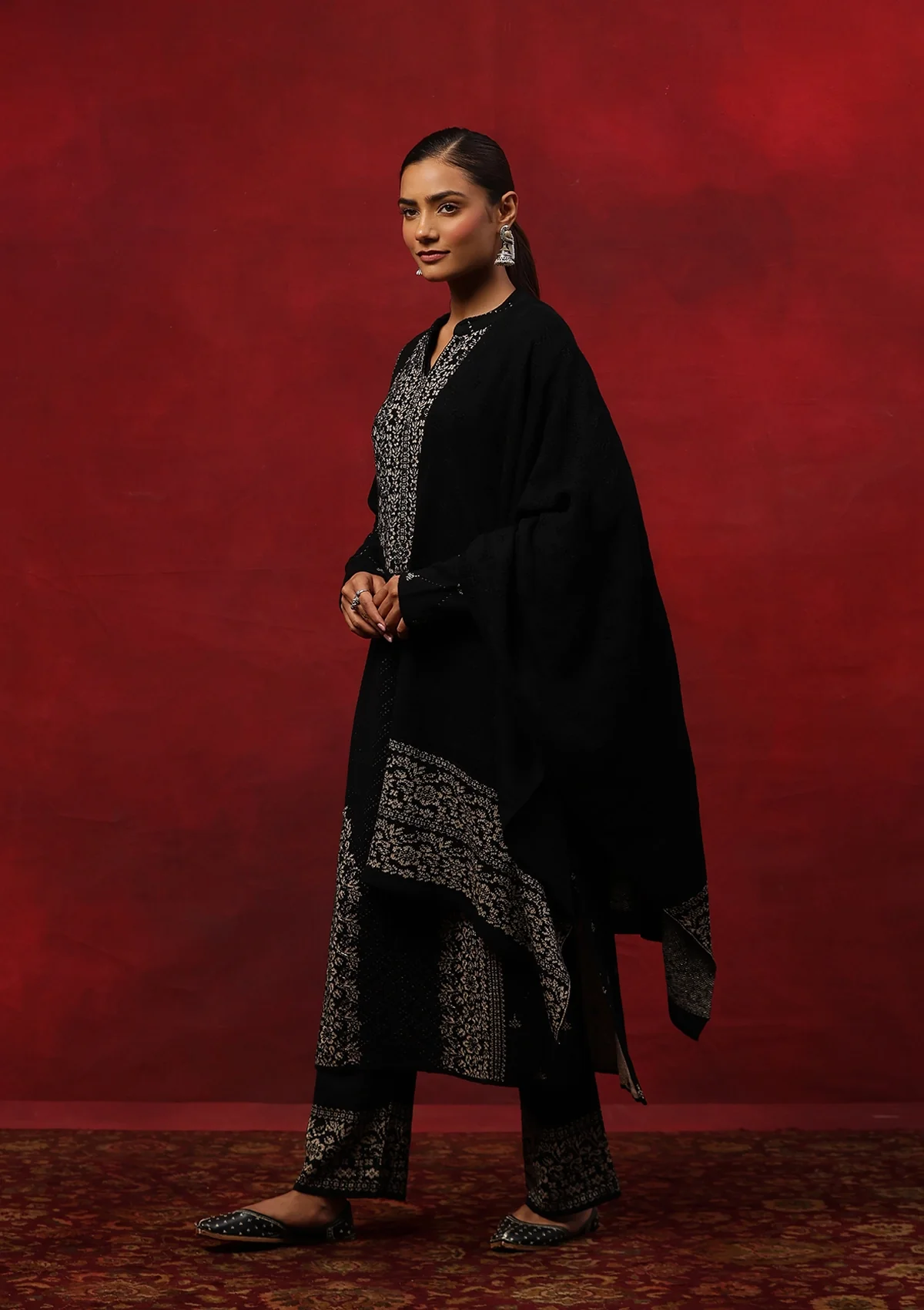 HOC Crafts Woollen Hand Embellished Solid Women's 3 PC Kurta Set - Black - Image 5