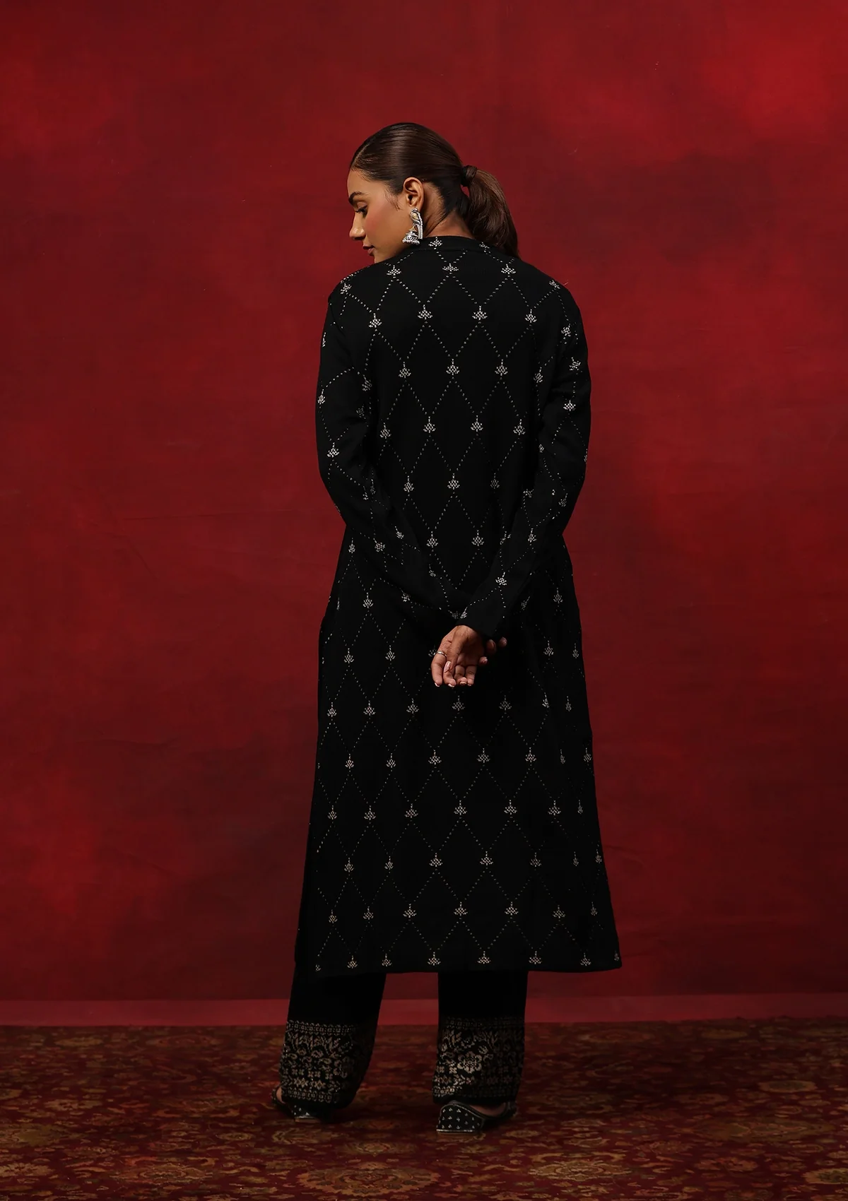 HOC Crafts Woollen Hand Embellished Solid Women's 3 PC Kurta Set - Black - Image 7