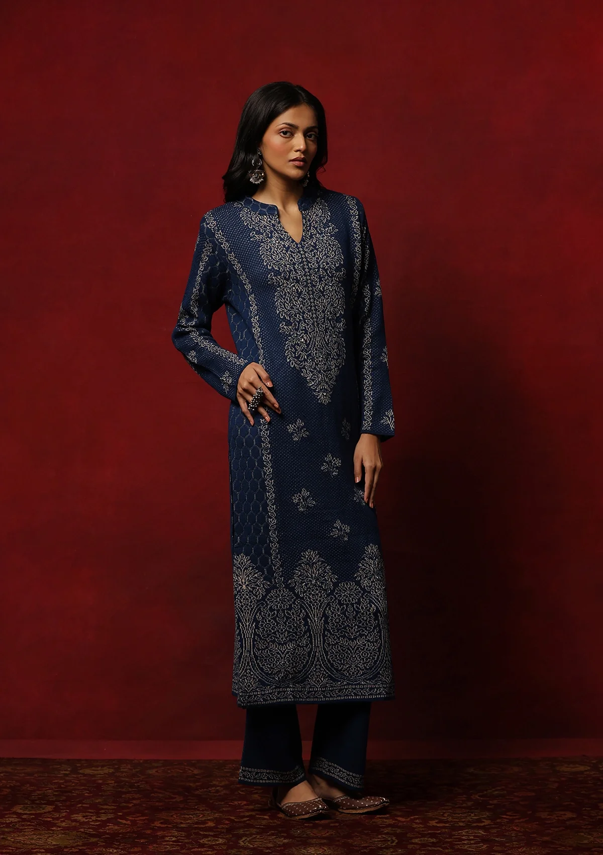 HOC Crafts Woollen Hand Embellished Solid Women's 3 PC Kurta Set- Blue - Image 4
