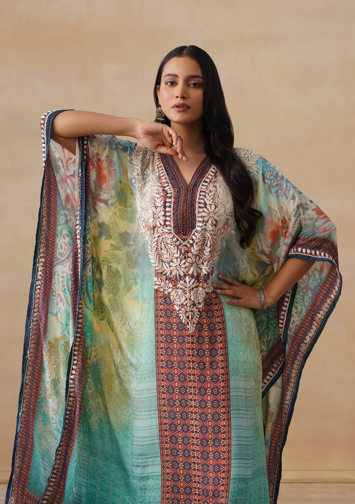 HOC Crepe Chikankari Printed Straight Women's Long Kaftan-Green - Image 10