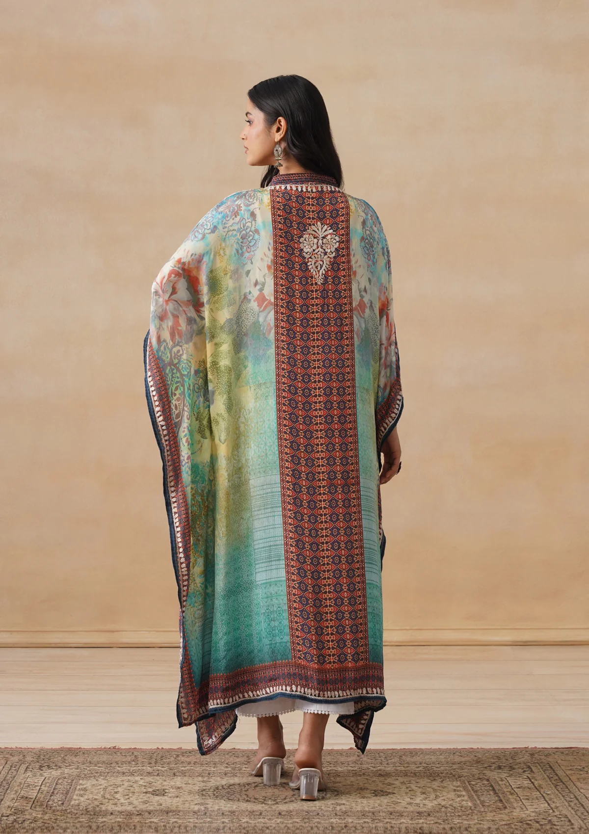 HOC Crepe Chikankari Printed Straight Women's Long Kaftan-Green - Image 12