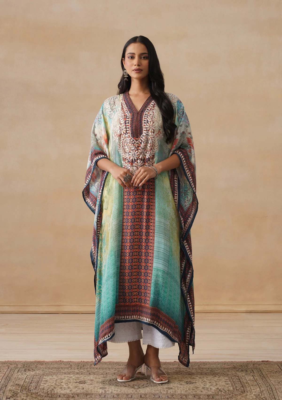 HOC Crepe Chikankari Printed Straight Women's Long Kaftan-Green - Image 5