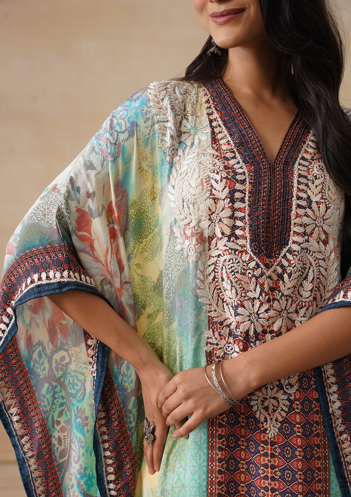 HOC Crepe Chikankari Printed Straight Women's Long Kaftan-Green - Image 7