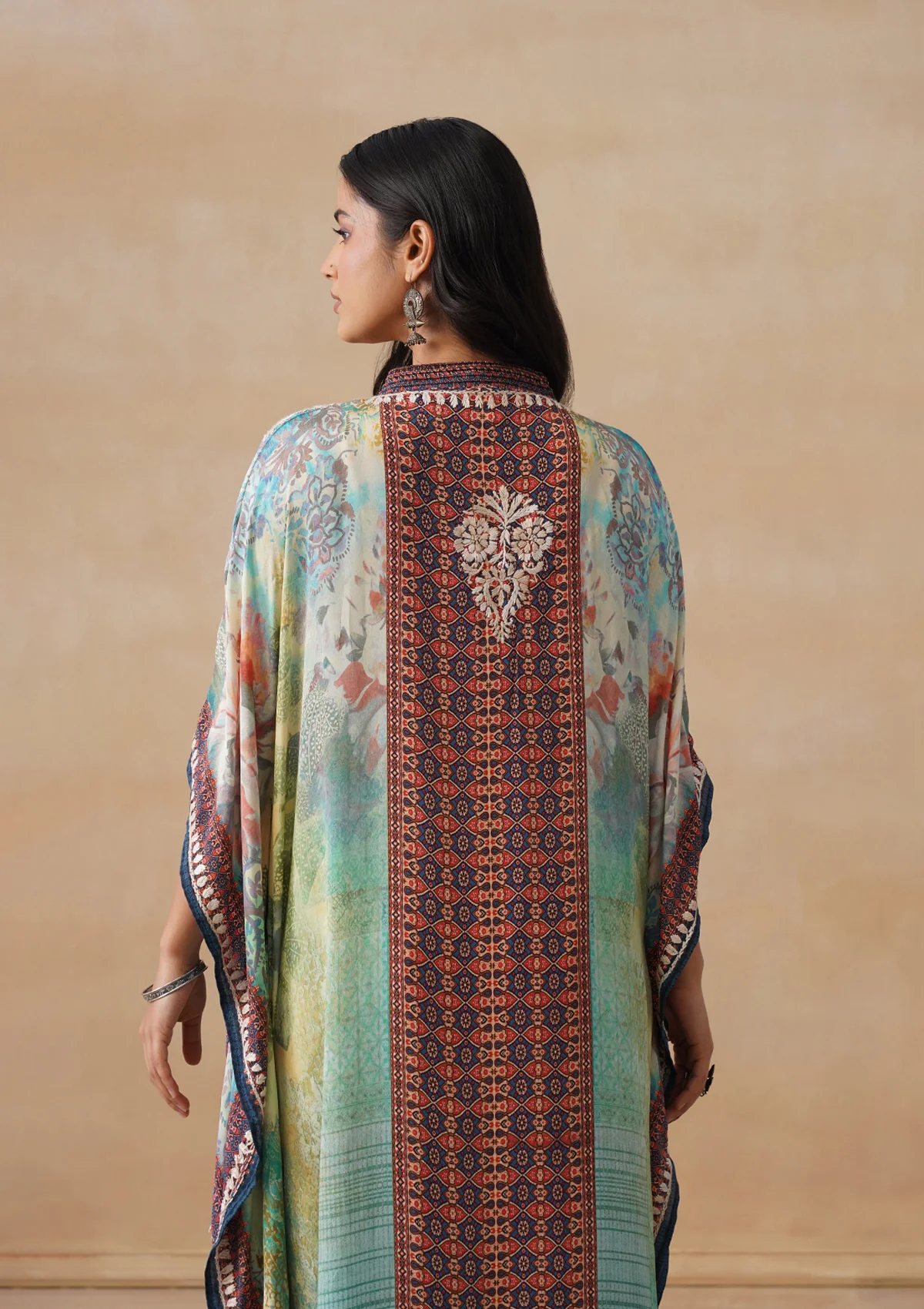 HOC Crepe Chikankari Printed Straight Women's Long Kaftan-Green - Image 8