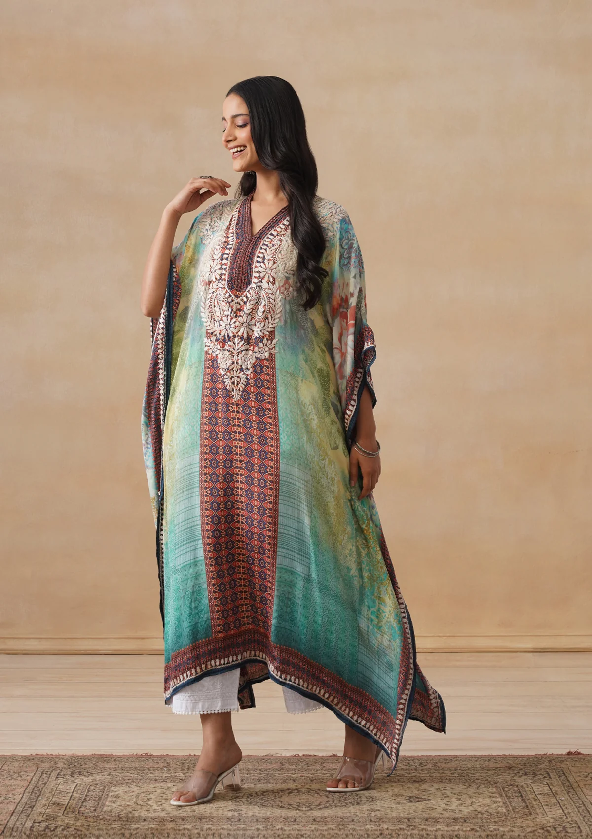 HOC Crepe Chikankari Printed Straight Women's Long Kaftan-Green - Image 9