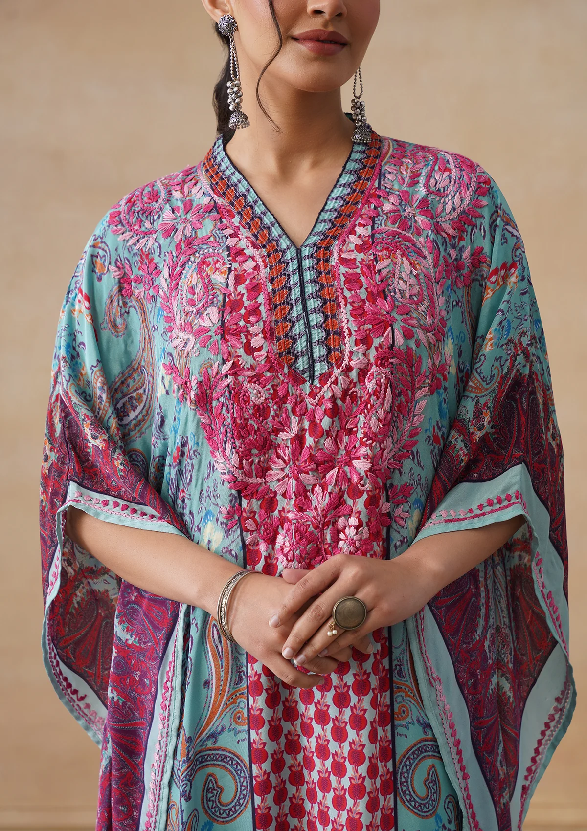 HOC Crepe Chikankari Printed Straight Women's Long Kaftan-Blue - Image 3