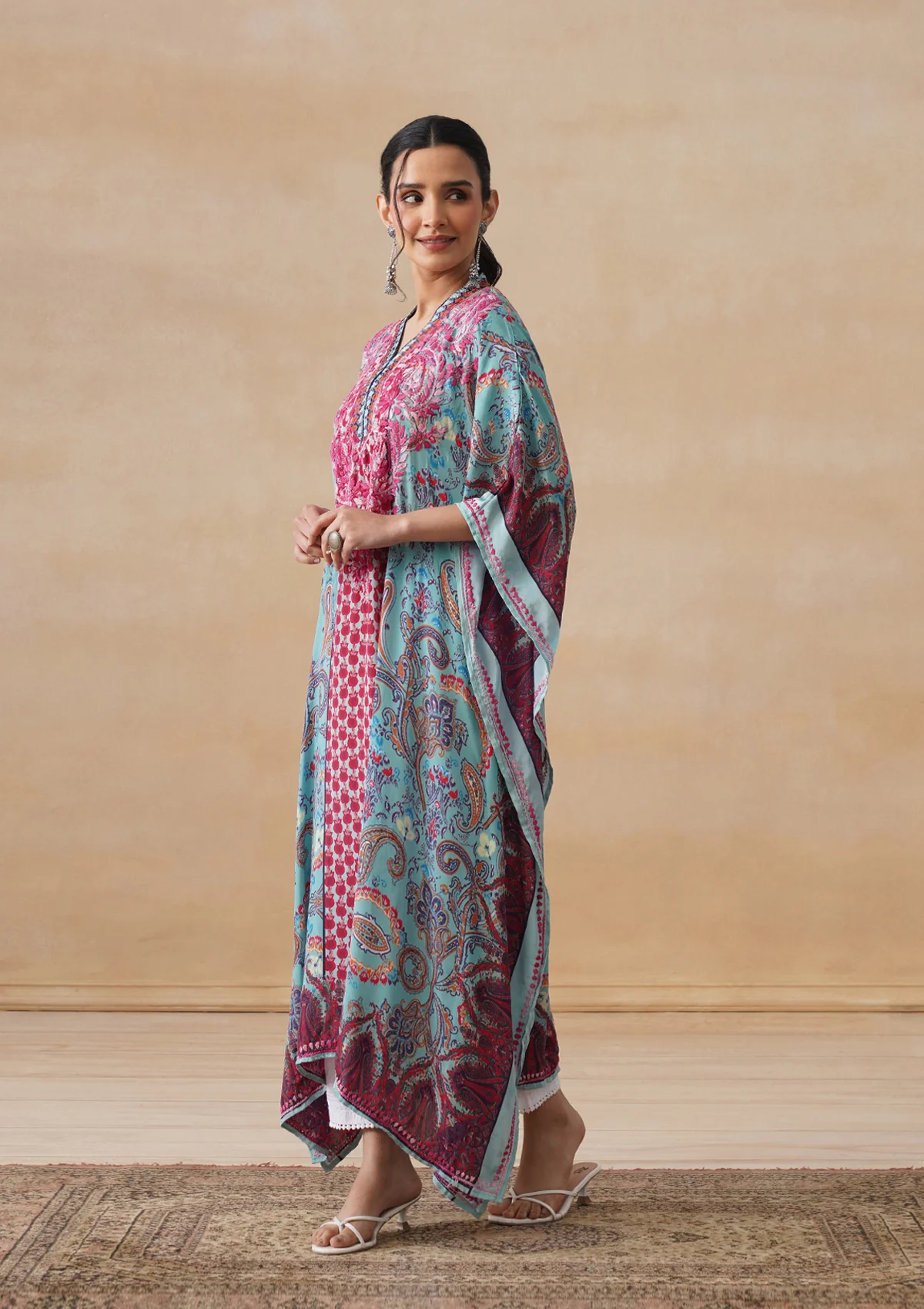 HOC Crepe Chikankari Printed Straight Women's Long Kaftan-Blue - Image 4