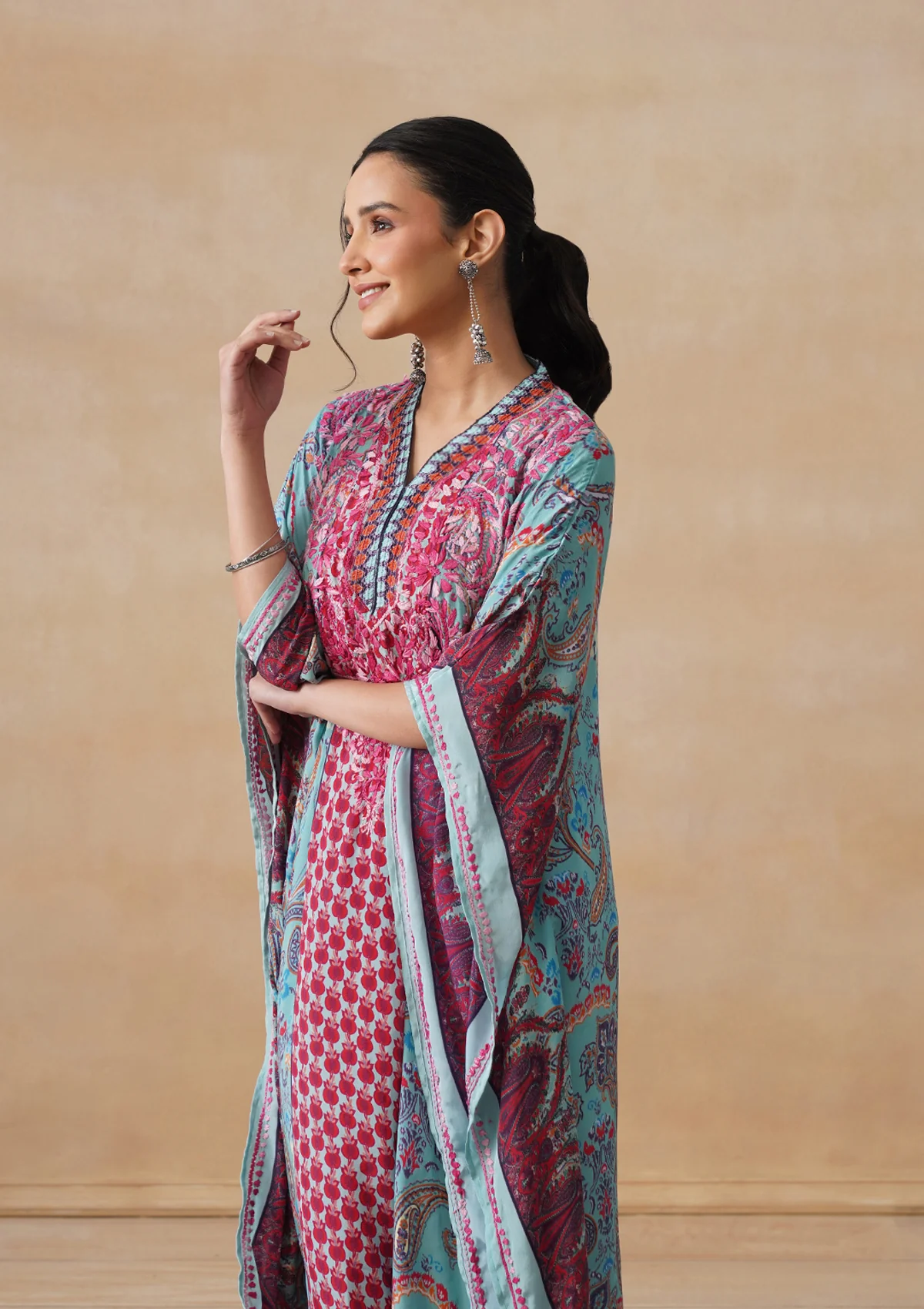 HOC Crepe Chikankari Printed Straight Women's Long Kaftan-Blue - Image 7