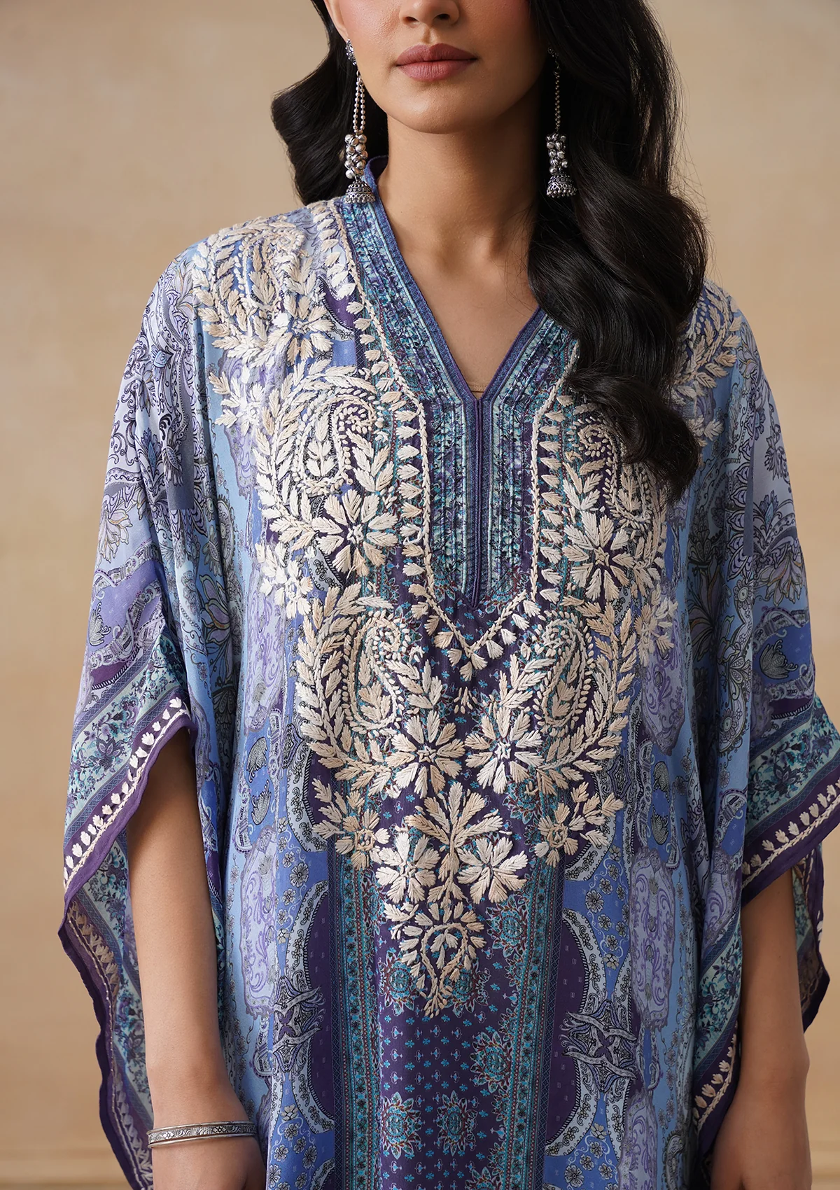 HOC Crepe Chikankari Printed Straight Women's Short Kaftan-Blue - Image 10