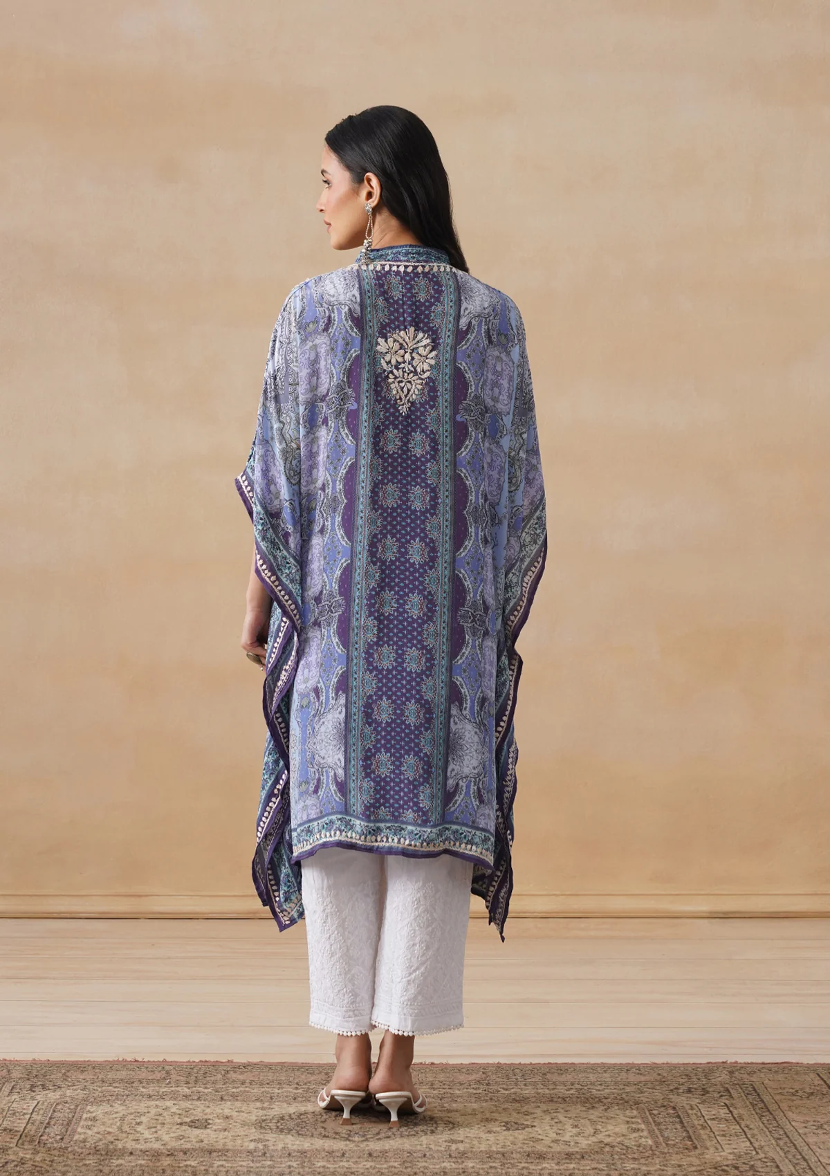 HOC Crepe Chikankari Printed Straight Women's Short Kaftan-Blue - Image 11