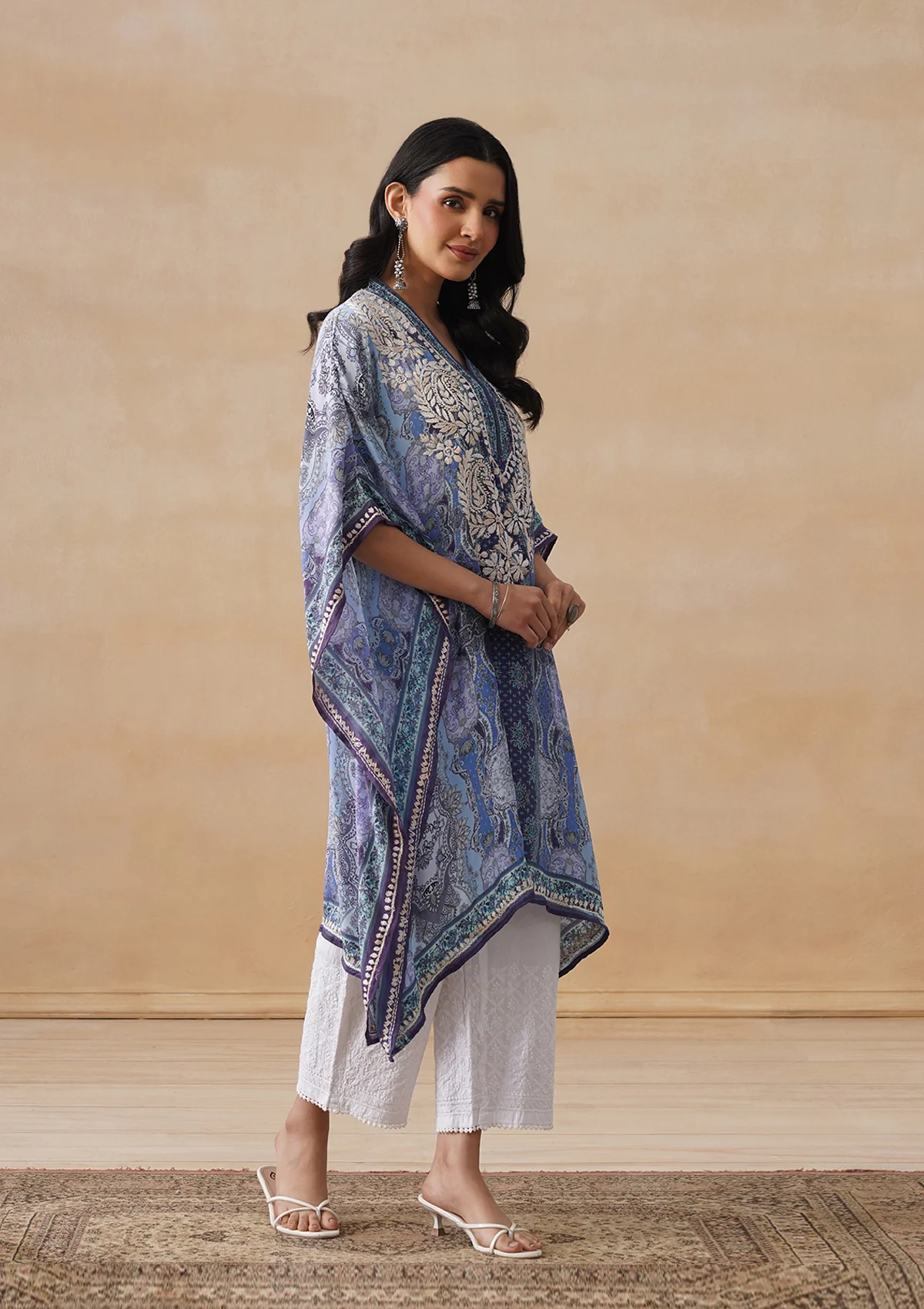 HOC Crepe Chikankari Printed Straight Women's Short Kaftan-Blue - Image 4