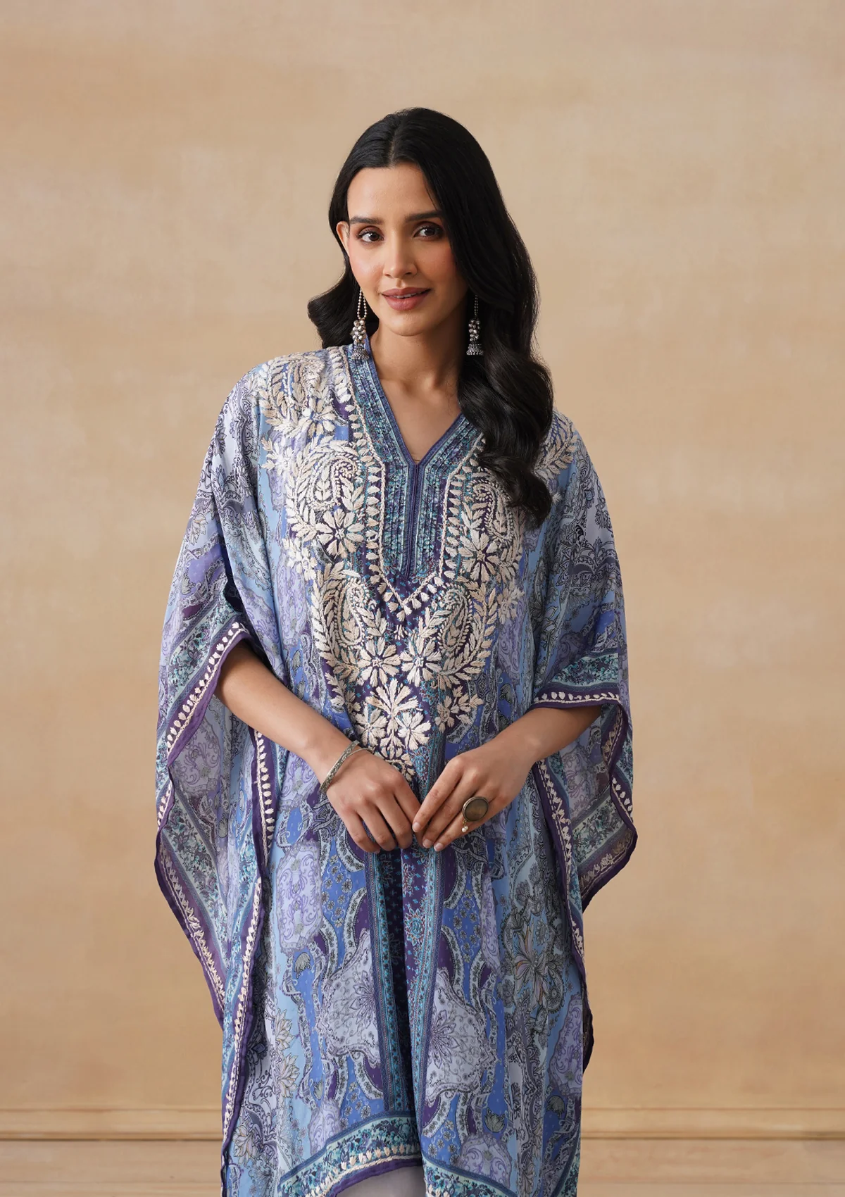 HOC Crepe Chikankari Printed Straight Women's Short Kaftan-Blue - Image 5
