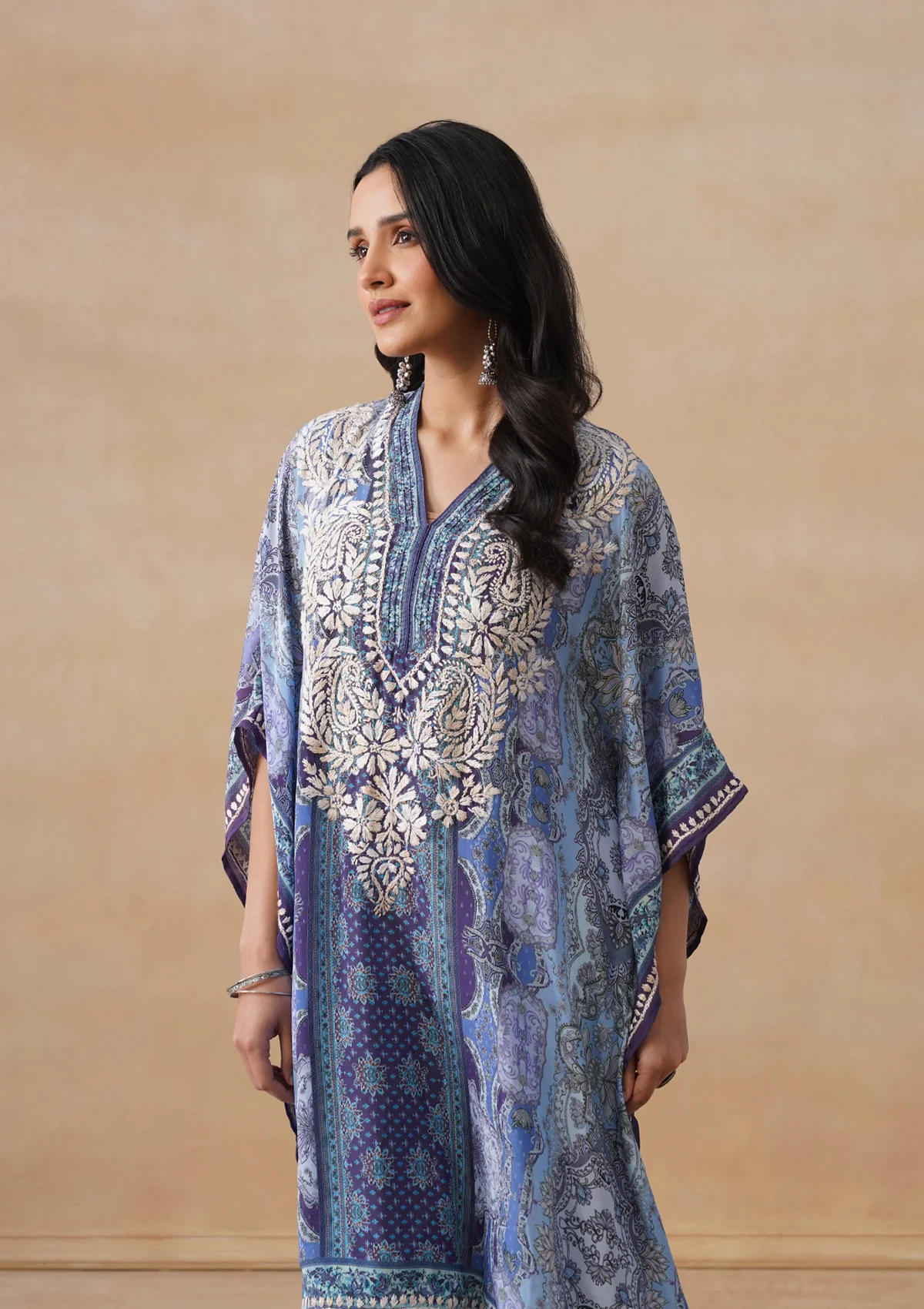 HOC Crepe Chikankari Printed Straight Women's Short Kaftan-Blue - Image 7