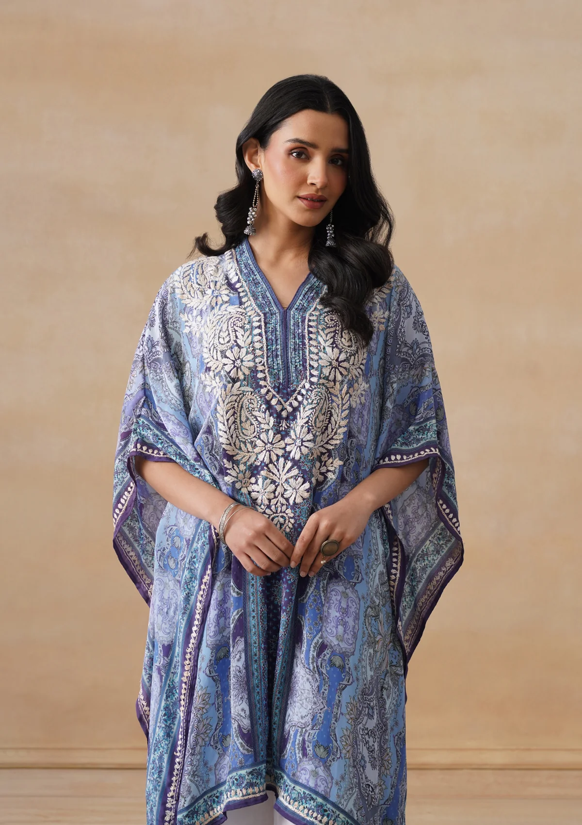 HOC Crepe Chikankari Printed Straight Women's Short Kaftan-Blue - Image 9
