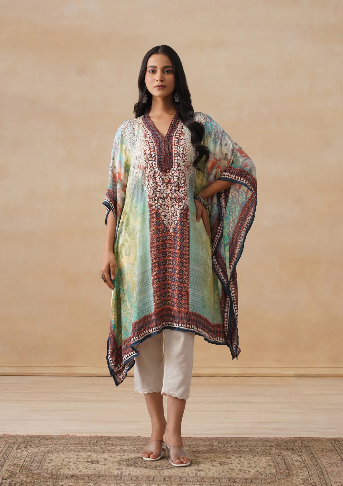 HOC Crepe Chikankari Printed Straight Women's Short Kaftan-Green