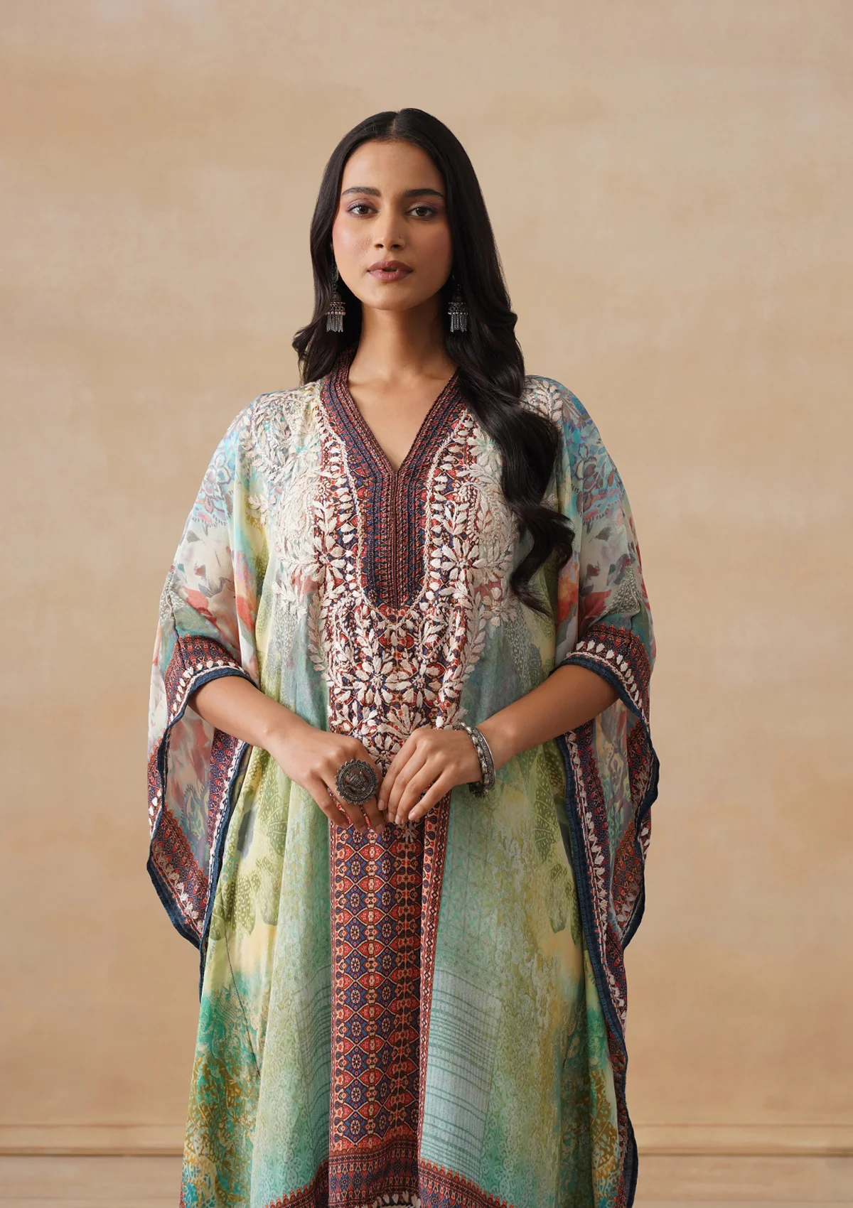 HOC Crepe Chikankari Printed Straight Women's Short Kaftan-Green - Image 4