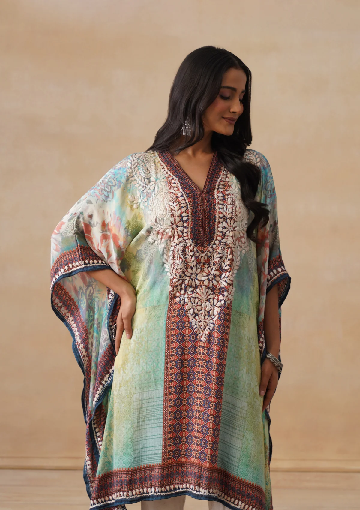 HOC Crepe Chikankari Printed Straight Women's Short Kaftan-Green - Image 6