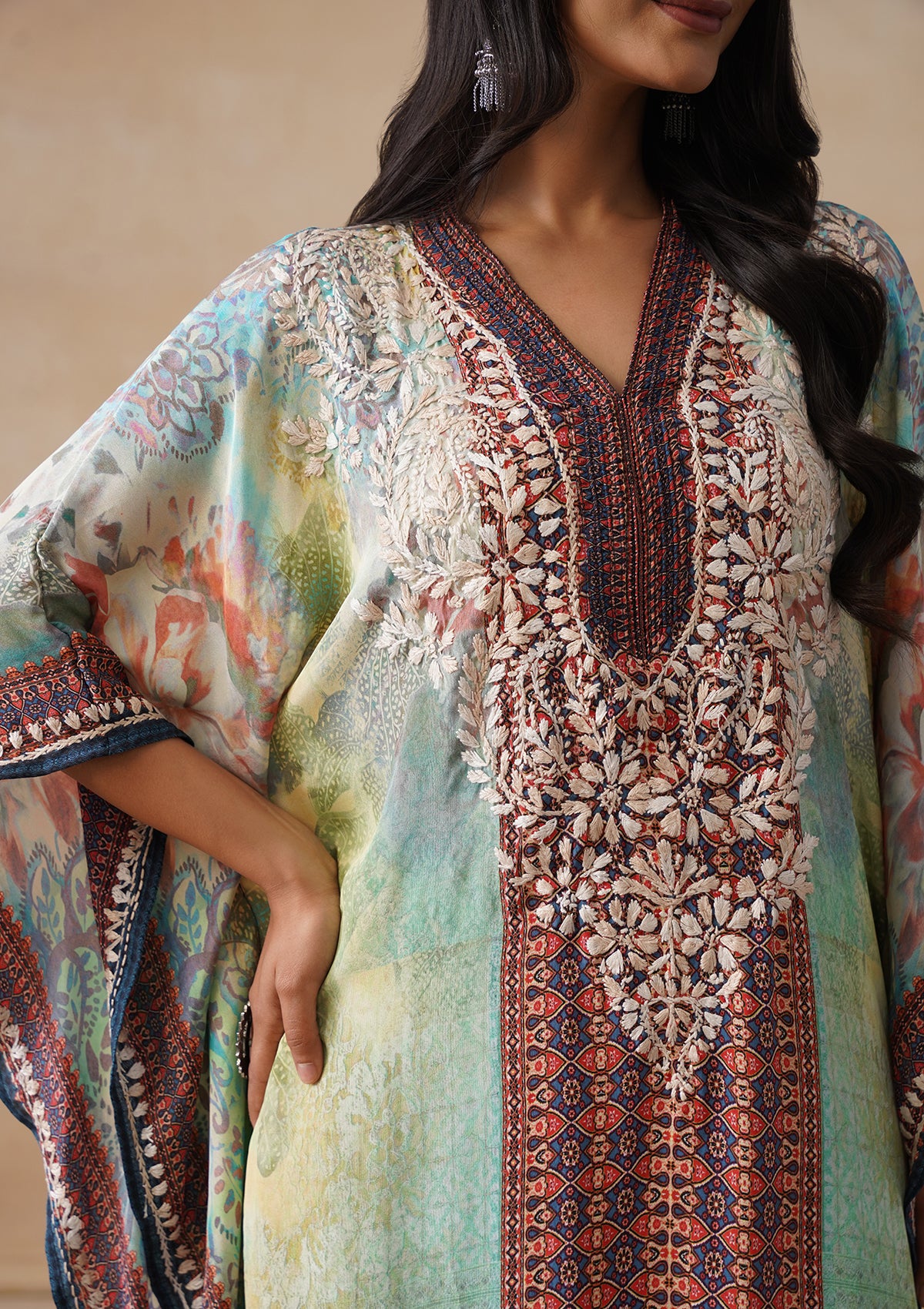 HOC Crepe Chikankari Printed Straight Women's Short Kaftan-Green - Image 7