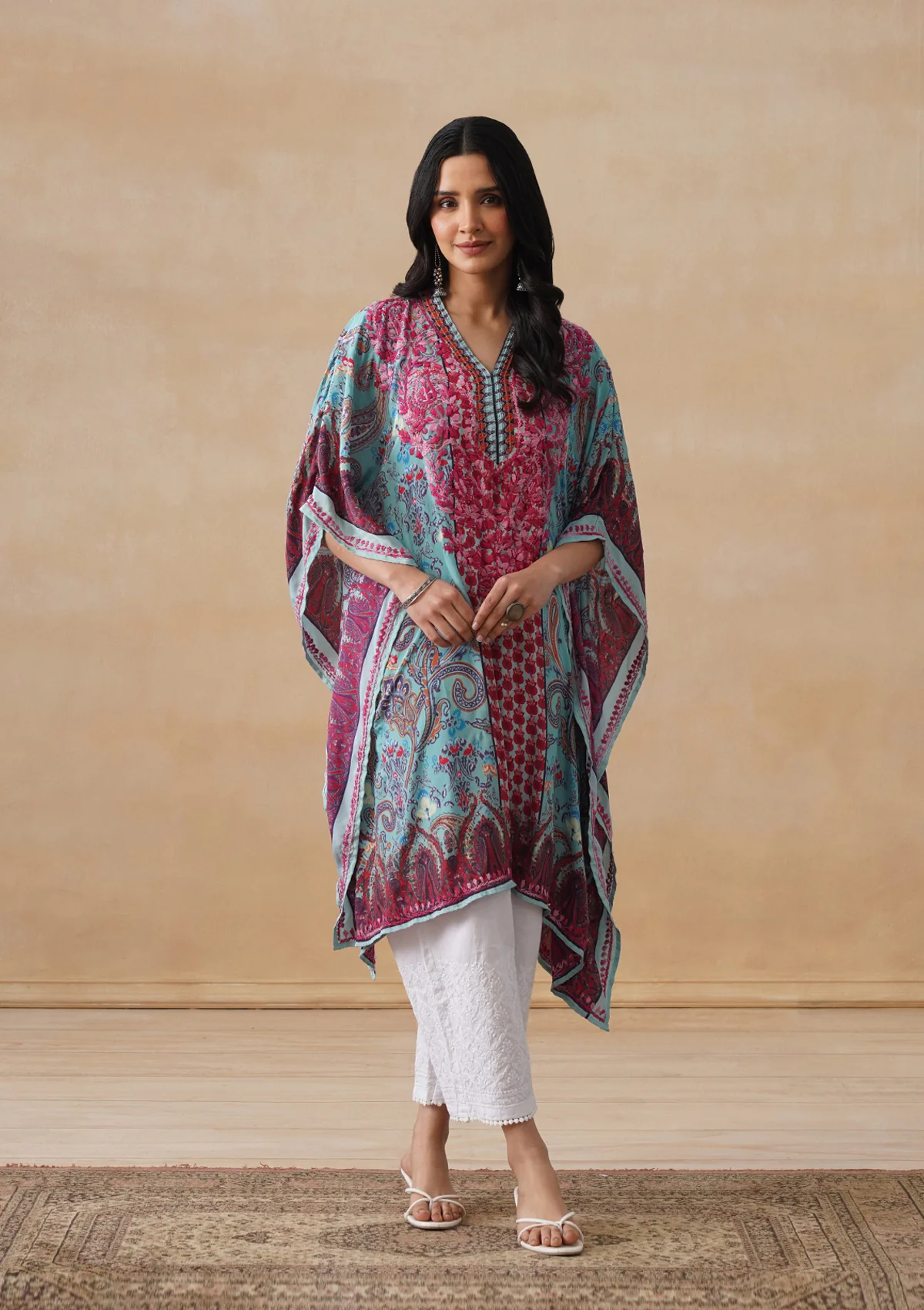 HOC Crepe Chikankari Printed Straight Women's Short Kaftan-Blue - Image 3