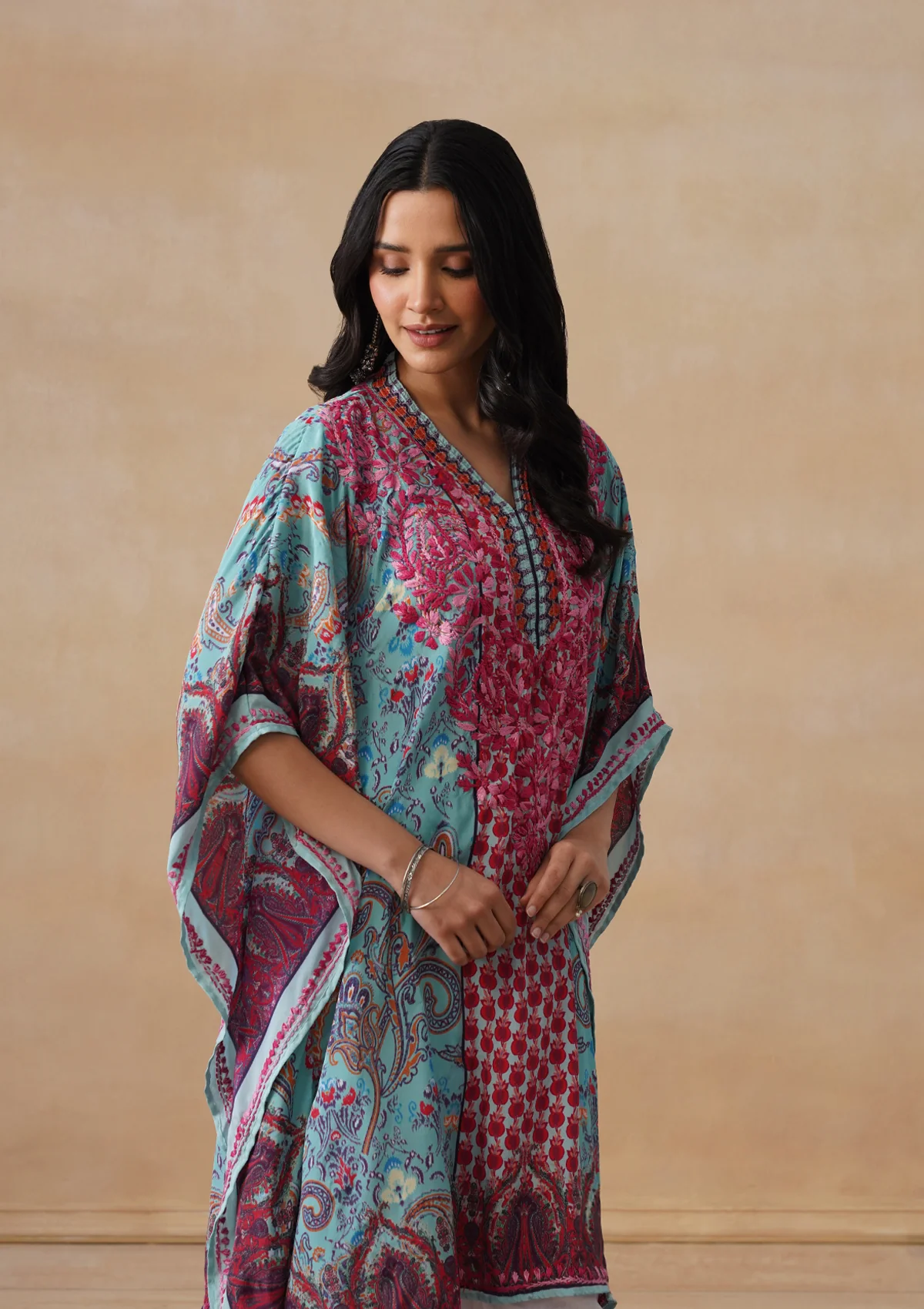 HOC Crepe Chikankari Printed Straight Women's Short Kaftan-Blue - Image 7