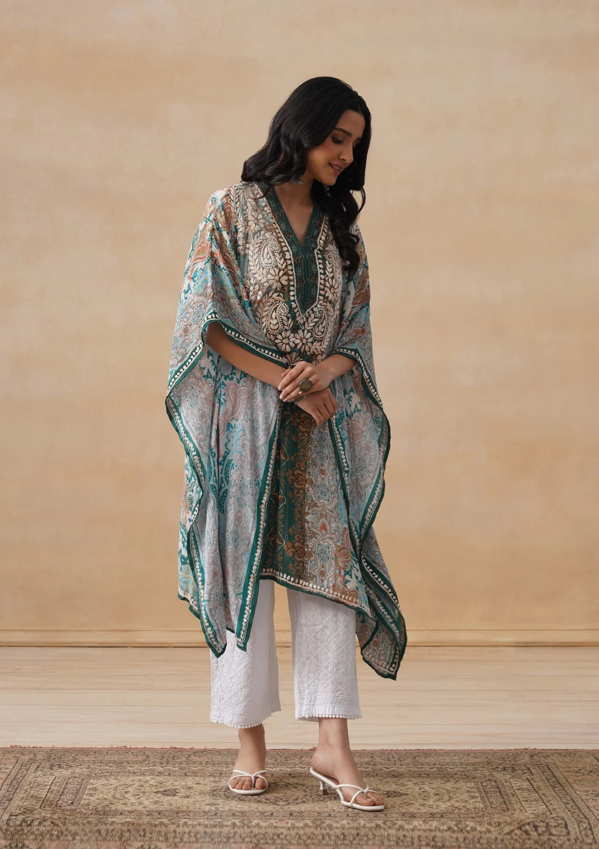 HOC Crepe Chikankari Printed Straight Women's Short Kaftan-Green - Image 3