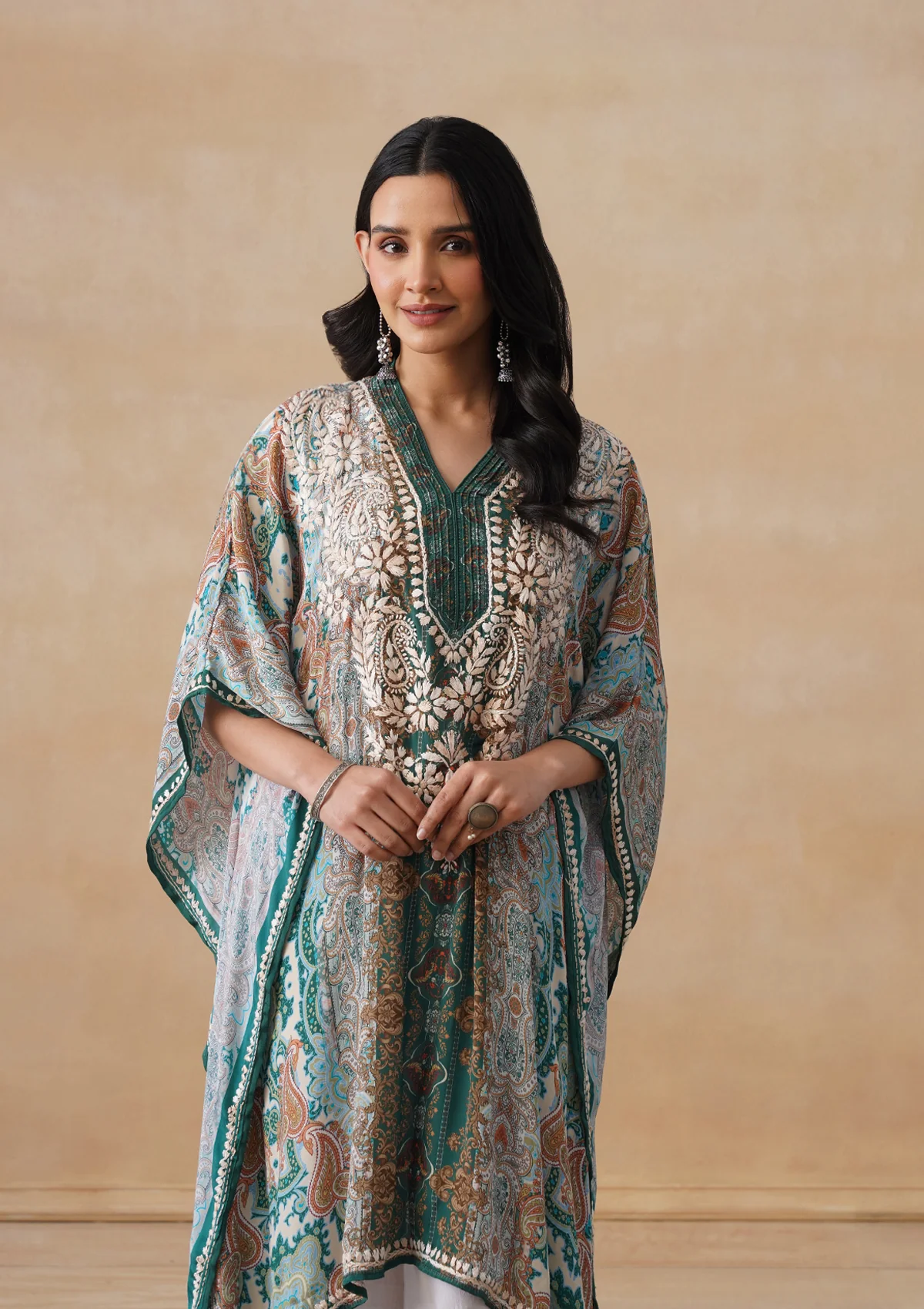 HOC Crepe Chikankari Printed Straight Women's Short Kaftan-Green - Image 4