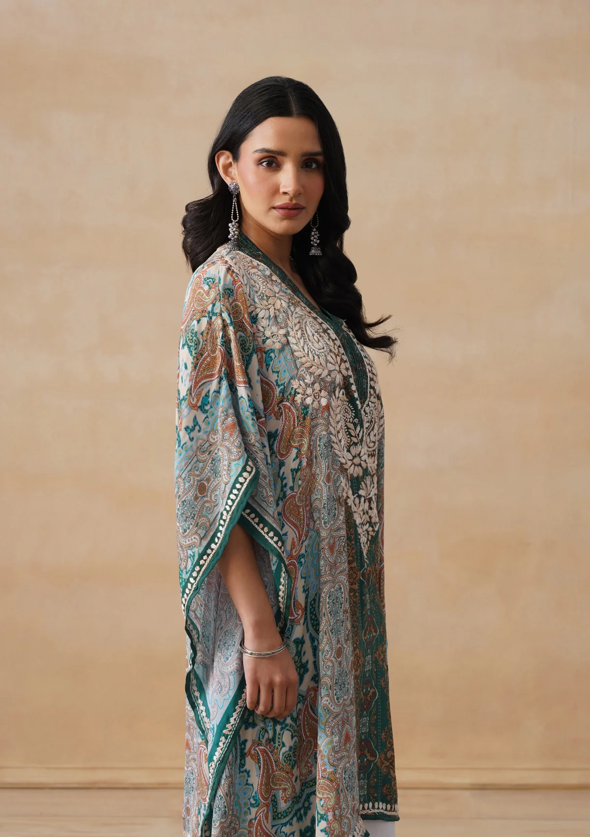 HOC Crepe Chikankari Printed Straight Women's Short Kaftan-Green - Image 6