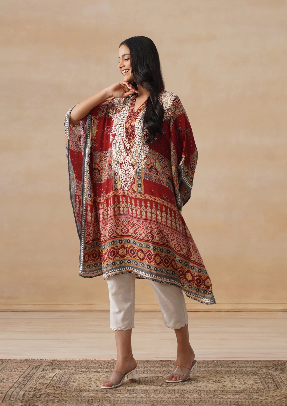 HOC Crepe Chikankari Printed Straight Women's Short Kaftan-Rust - Image 3